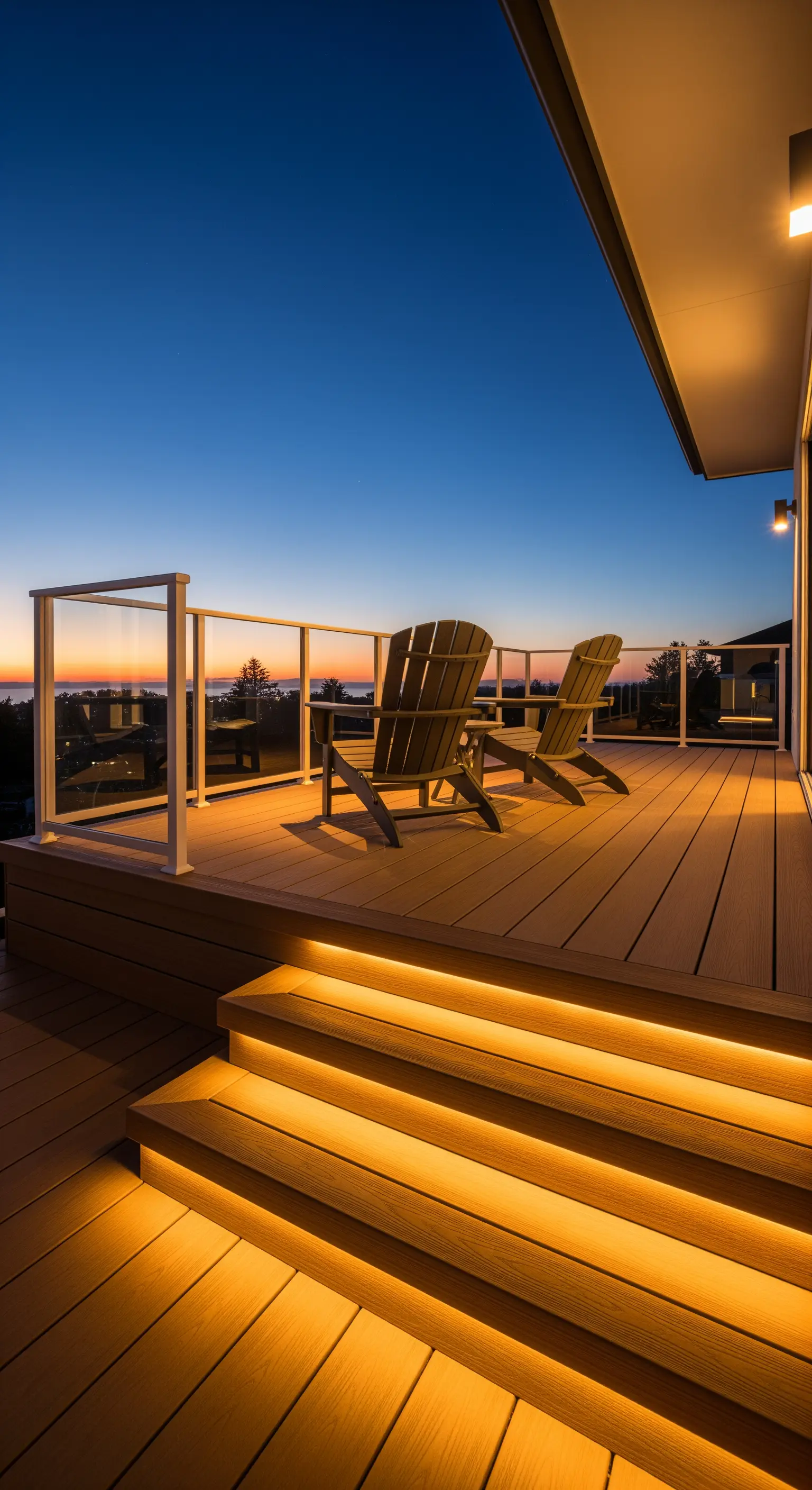 Terrazza in legno composito su due livelli con gradini illuminati da una luce calda