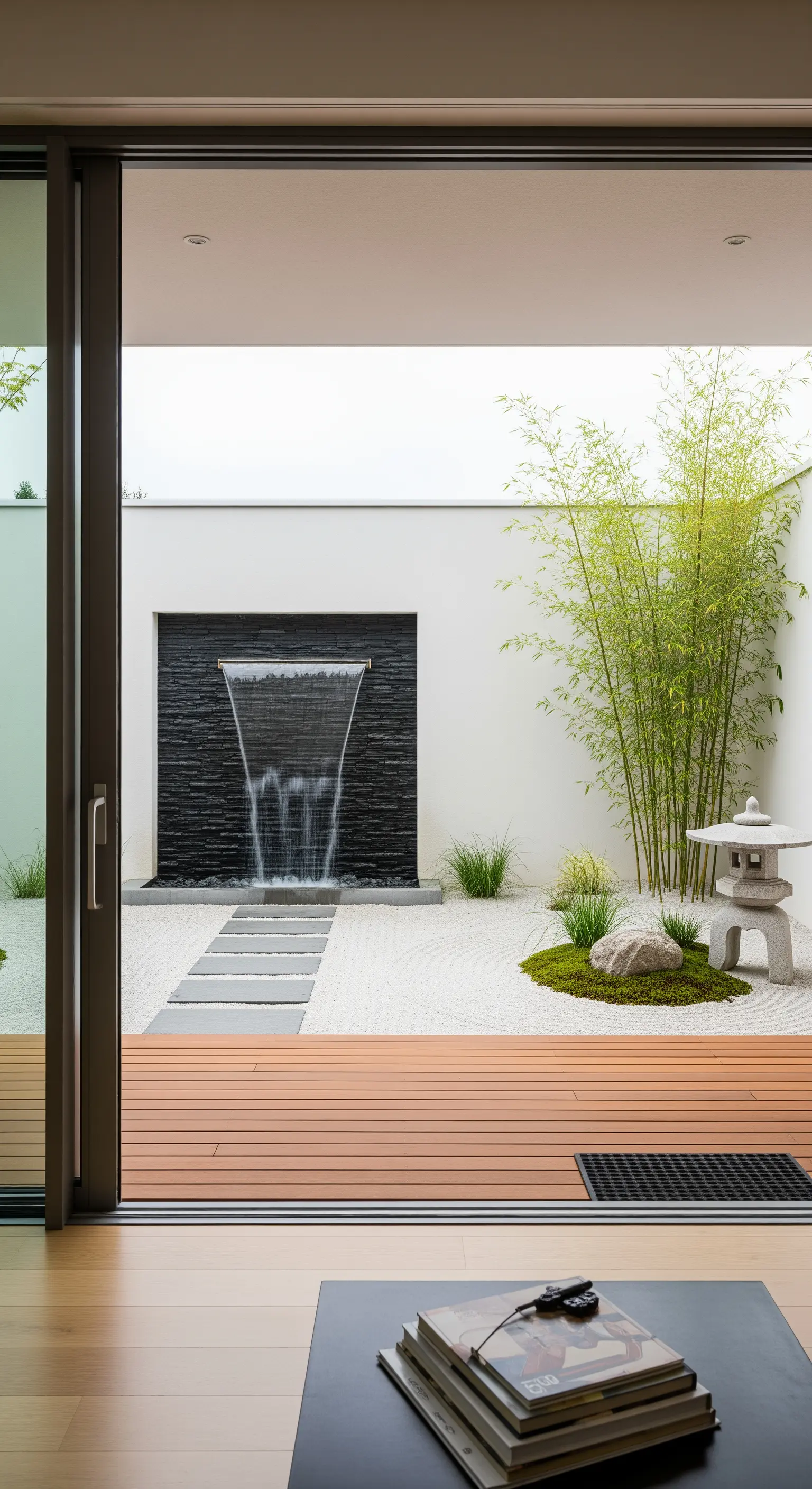 Vista da un salotto moderno su un patio zen con cascata e bambù.