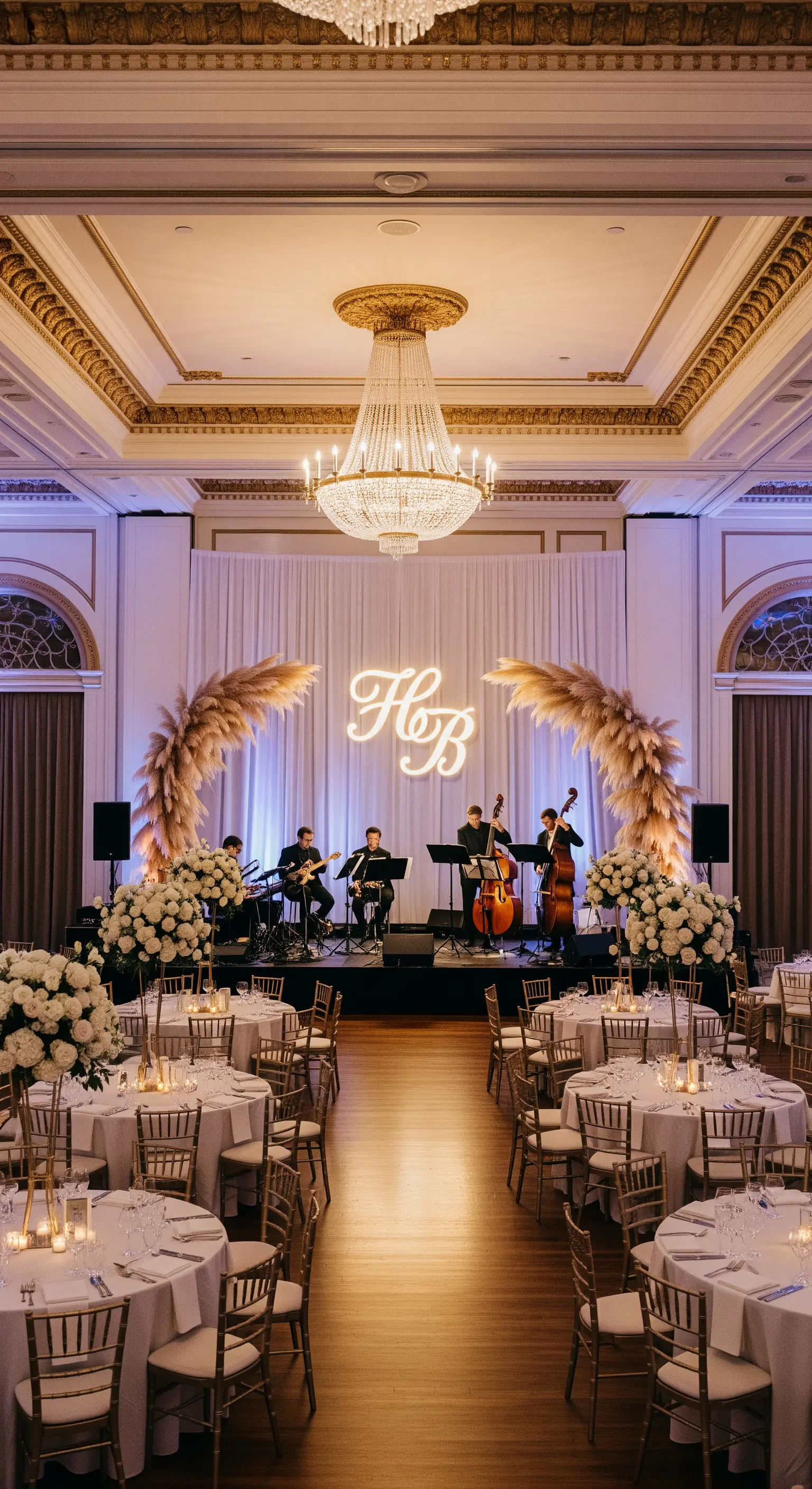 Ricevimento elegante con band dal vivo, monogramma al neon e pampas grass.
