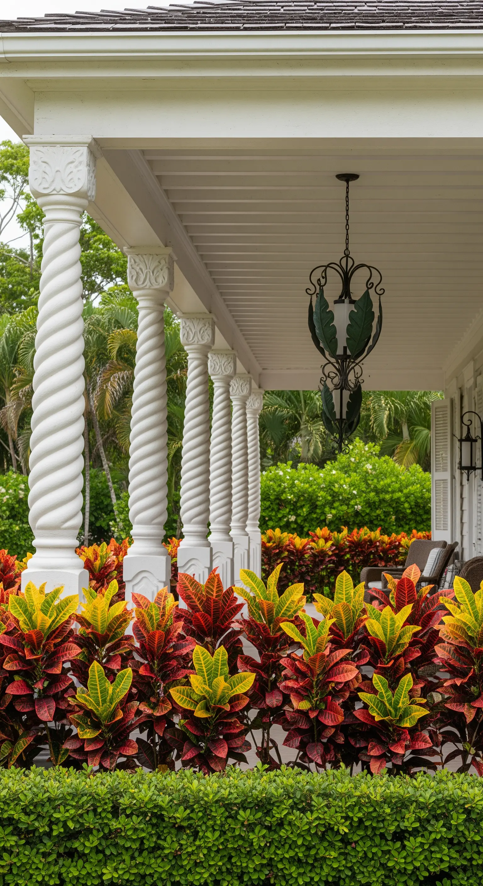 Portico con colonne a spirale bianche, circondato da piante di croton con foglie rosse e gialle
