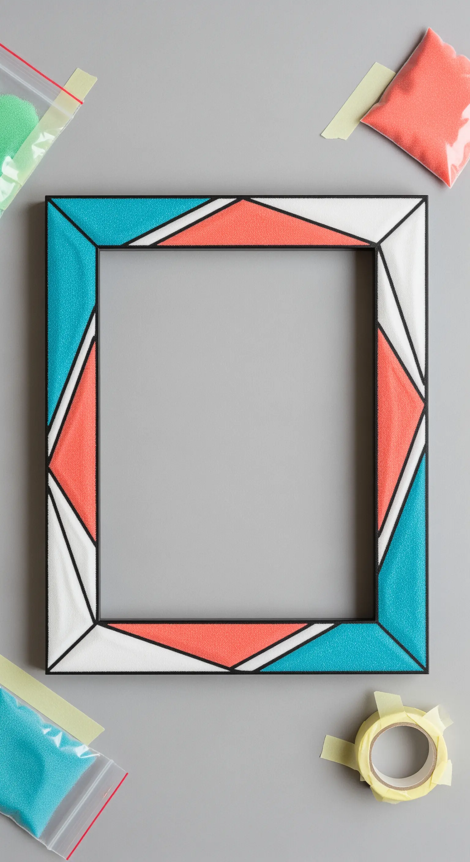 Cornice con un motivo geometrico a triangoli realizzato con sabbia colorata bianca, corallo e turchese.