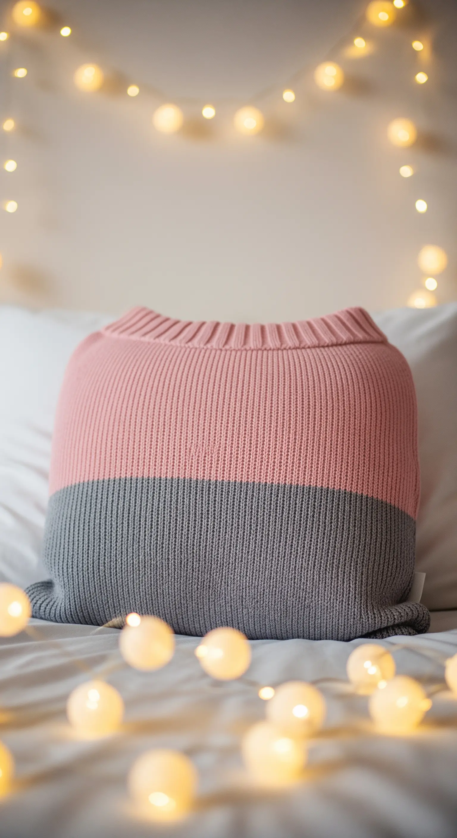 Cuscino bicolore rosa e grigio su un letto, con una ghirlanda di luci calde sullo sfondo.