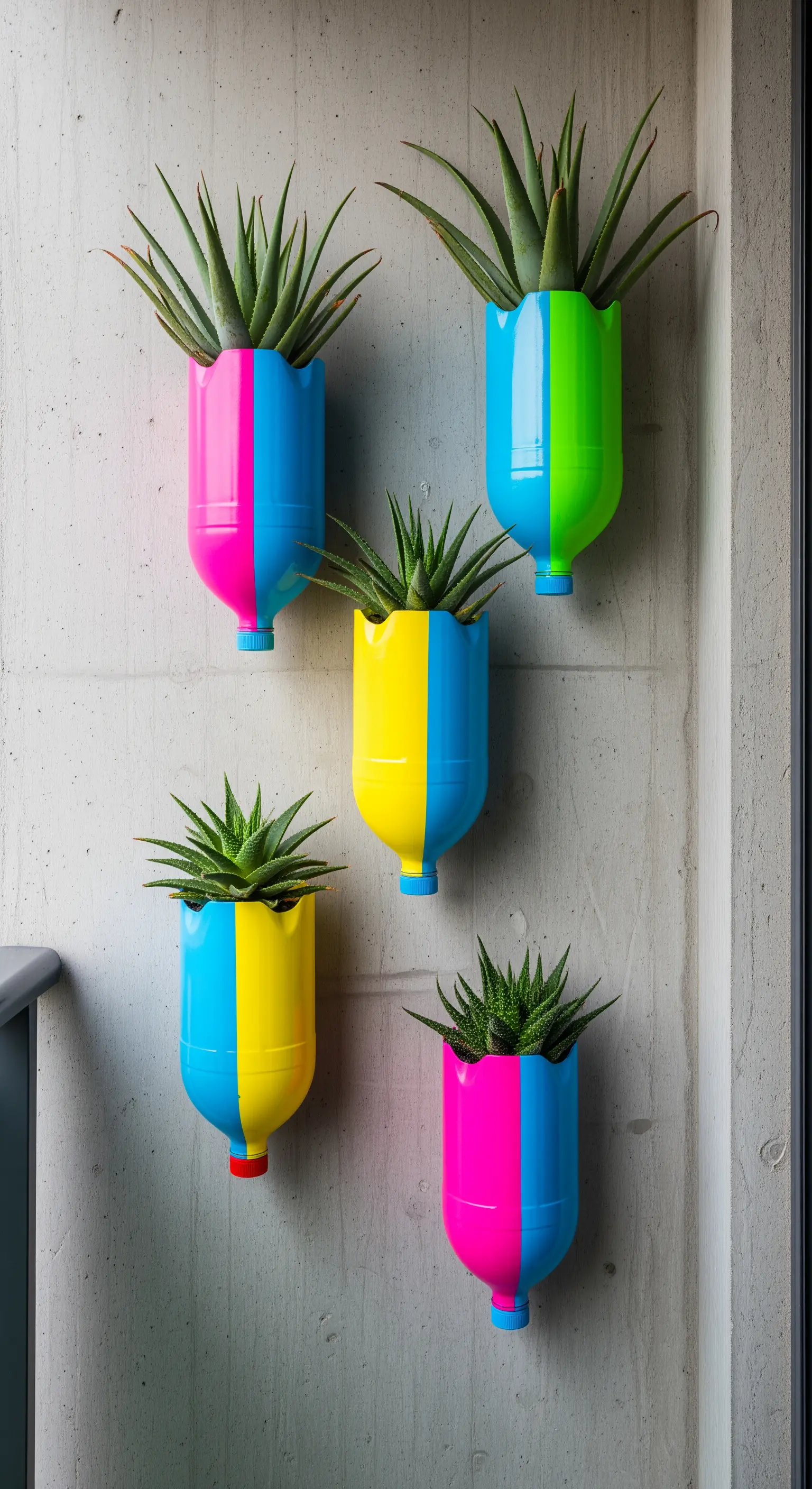 Gruppo di fioriere a parete dipinte con colori vivaci a blocchi, come fucsia, blu e giallo.