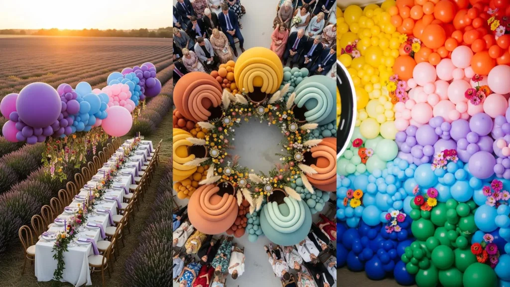 Collage di colorate decorazioni arcobaleno con palloncini giganti e fiori vivaci, perfette per matrimoni e feste.
