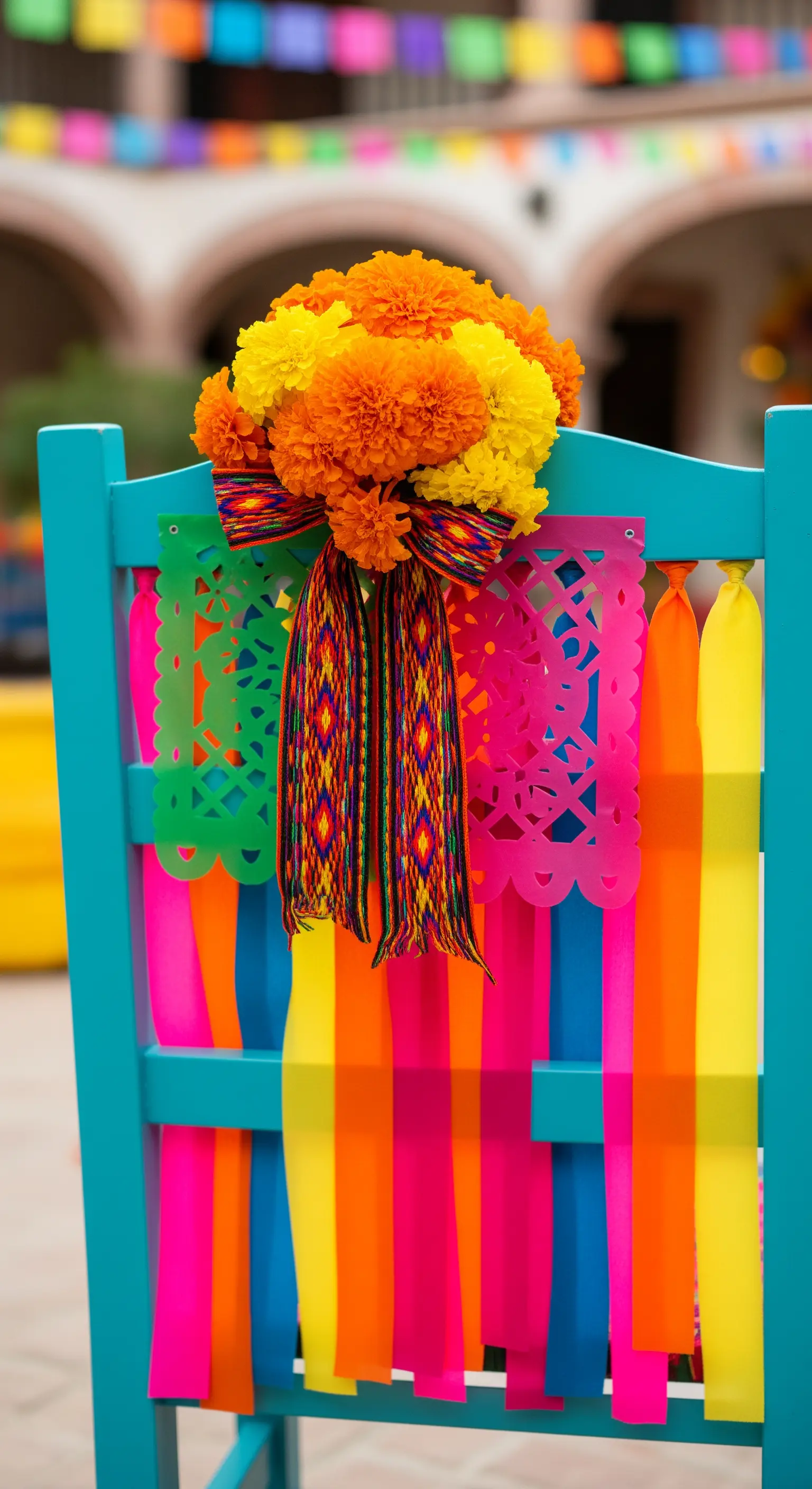 Sedia turchese decorata con papel picado, nastri colorati e un mazzo di fiori arancioni.