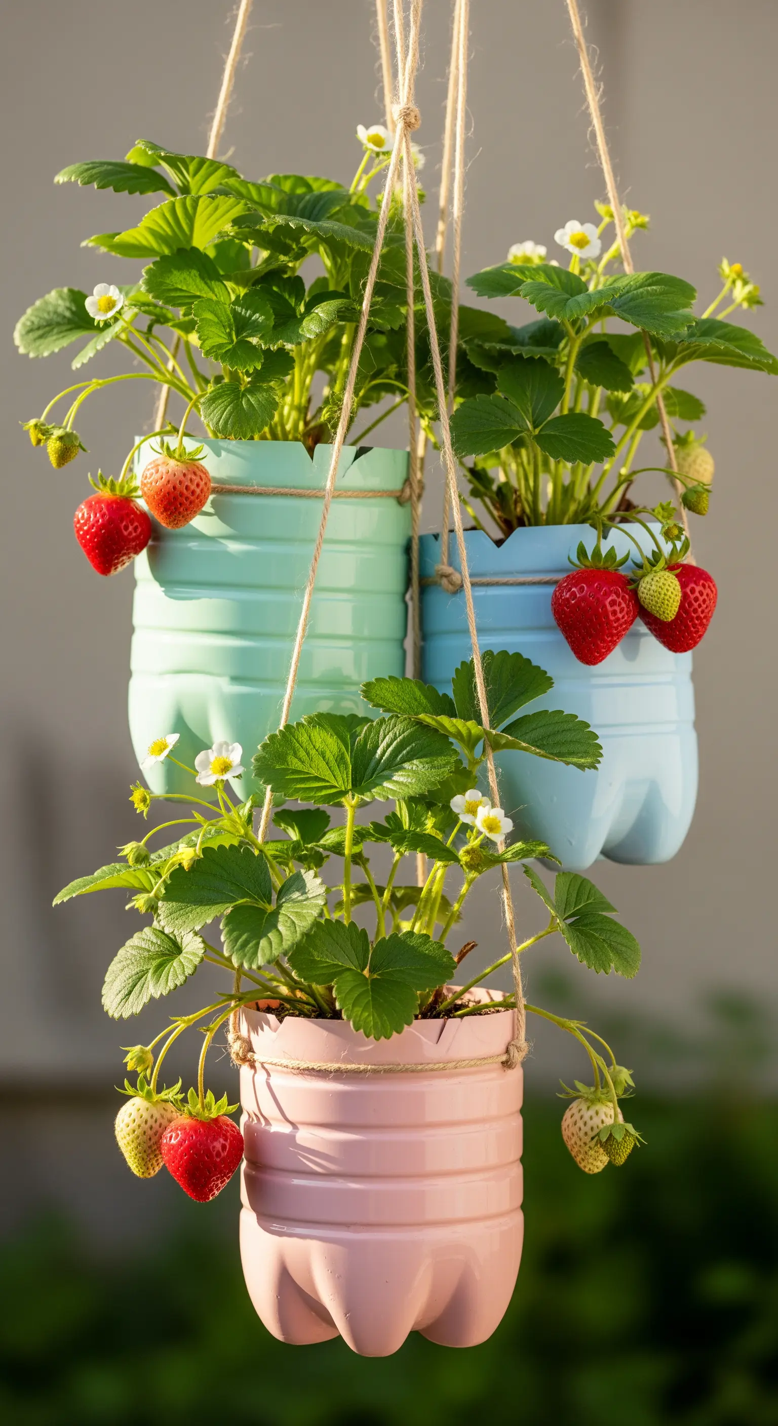 Gruppo di tre fioriere in colori pastello, da cui crescono piante di fragole mature.