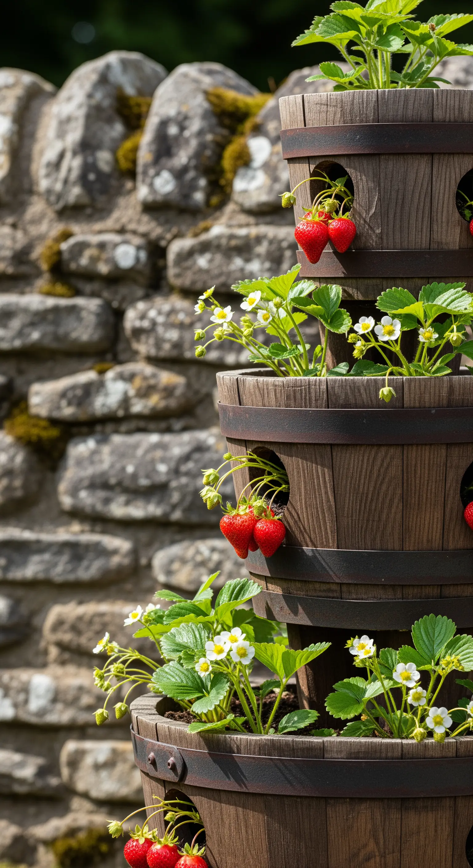 Fioriera verticale a torre realizzata con botti di legno per la coltivazione di fragole