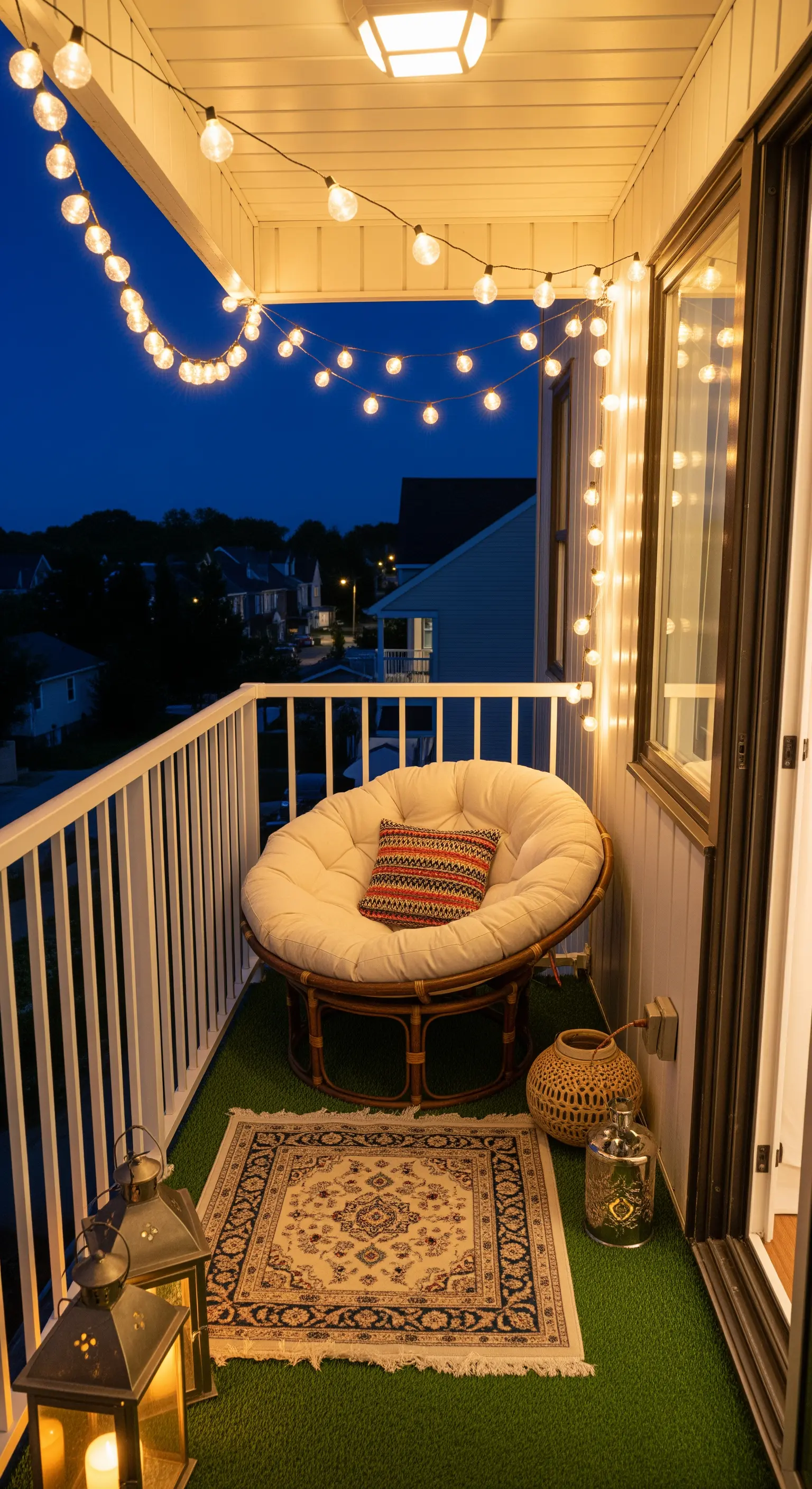 Piccolo balcone con poltrona Papasan, erba sintetica, tappeto persiano e luci a bulbo.