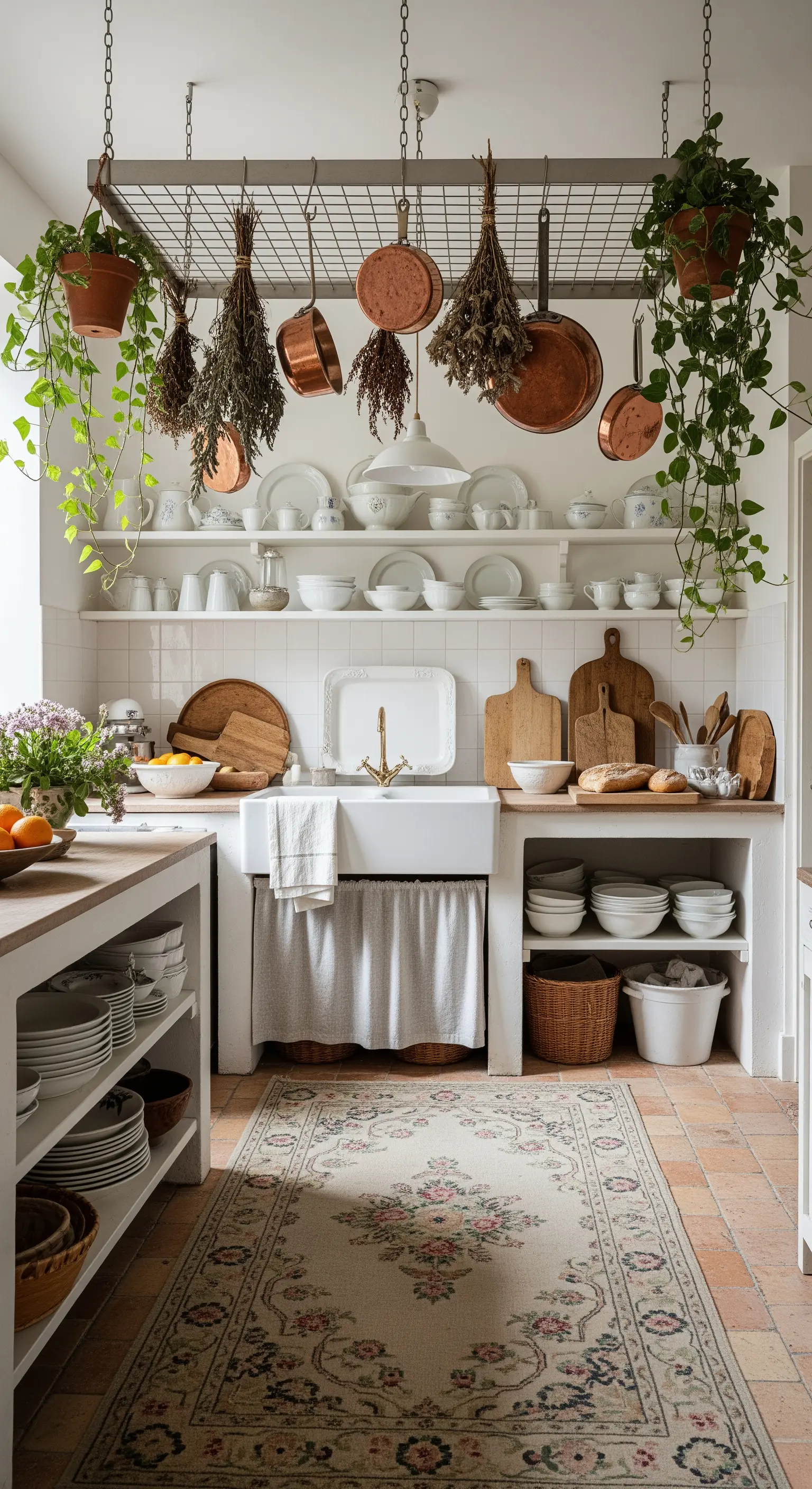 Cucina in stile rustico con griglia sospesa per pentole in rame e un tappeto floreale.