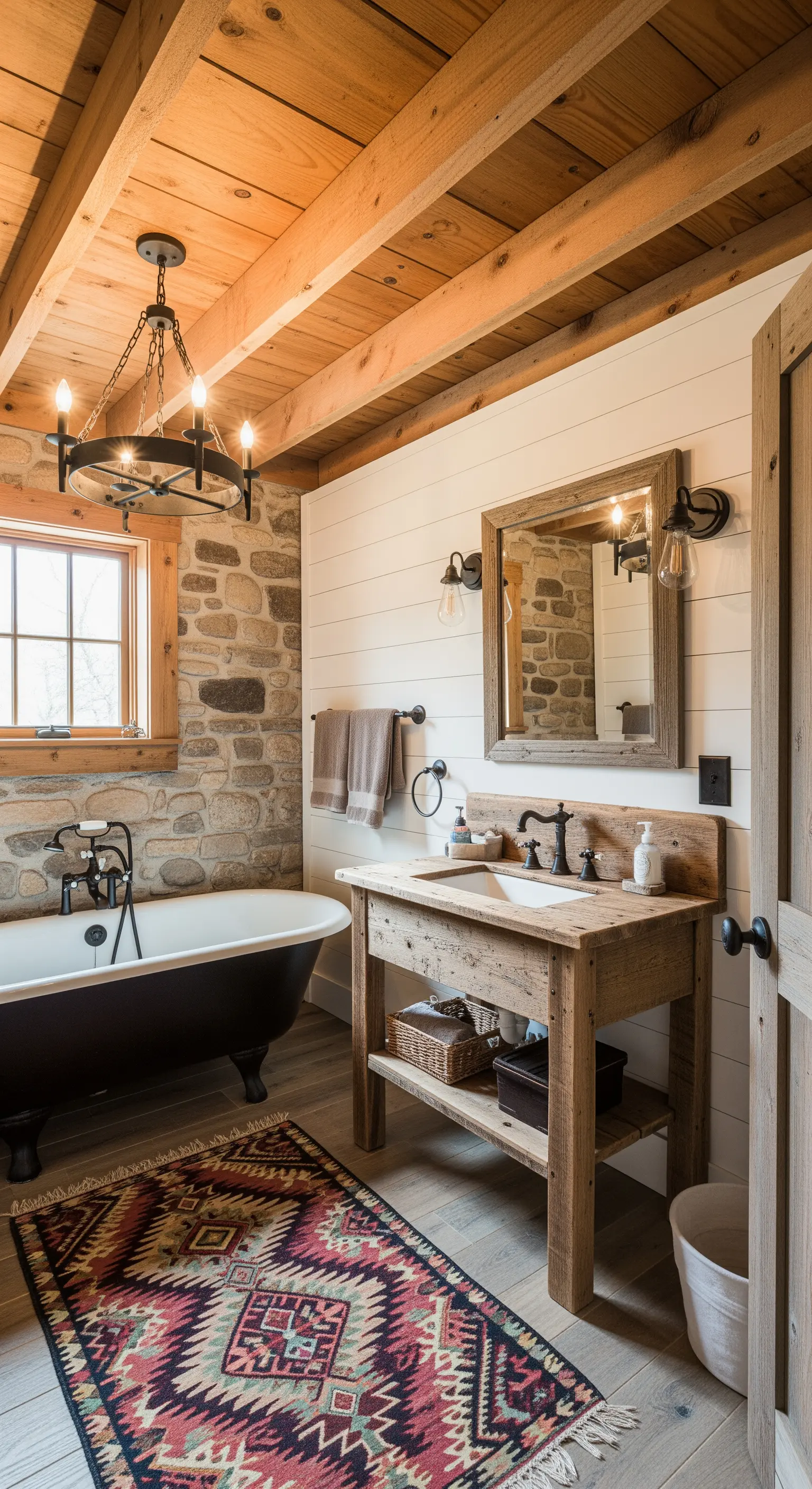 Bagno rustico con parete in pietra, travi a vista, vasca nera e tappeto kilim.