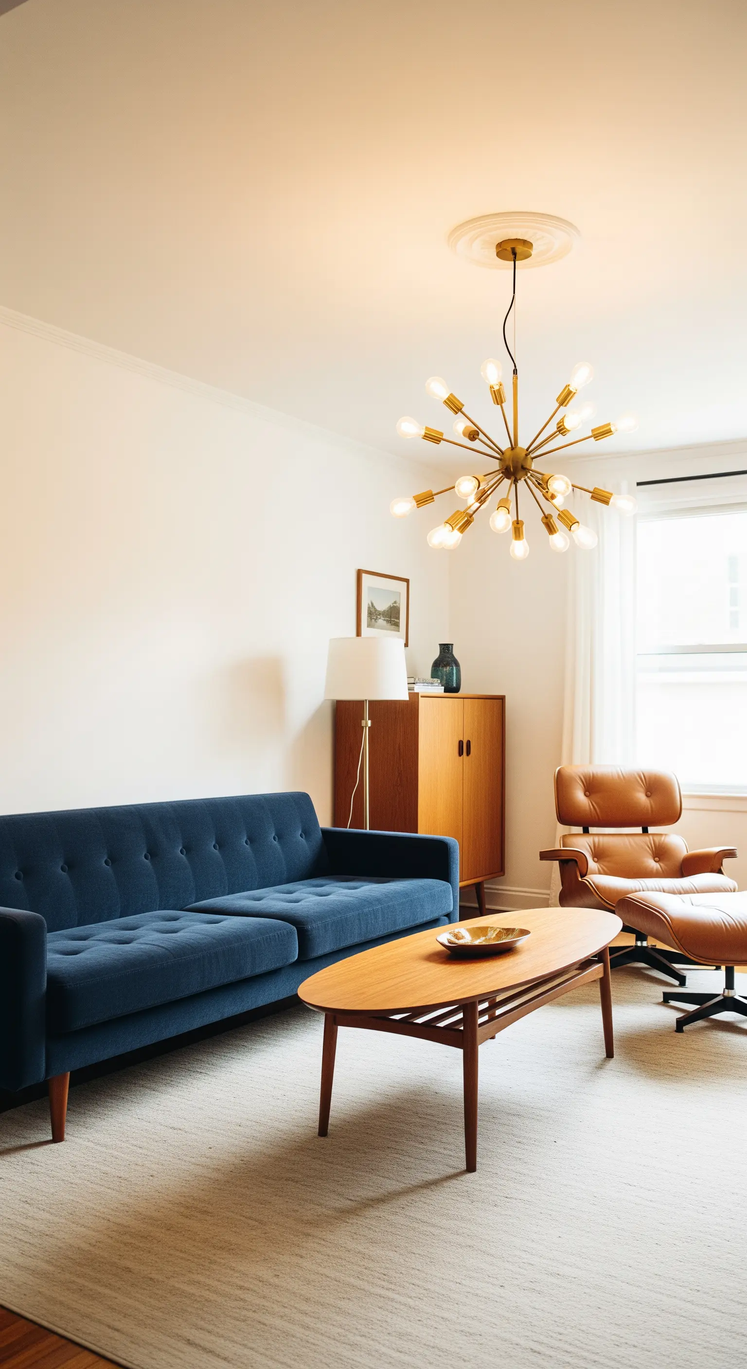 Salotto Mid-Century Modern con divano blu, lampadario Sputnik dorato e credenza in legno.