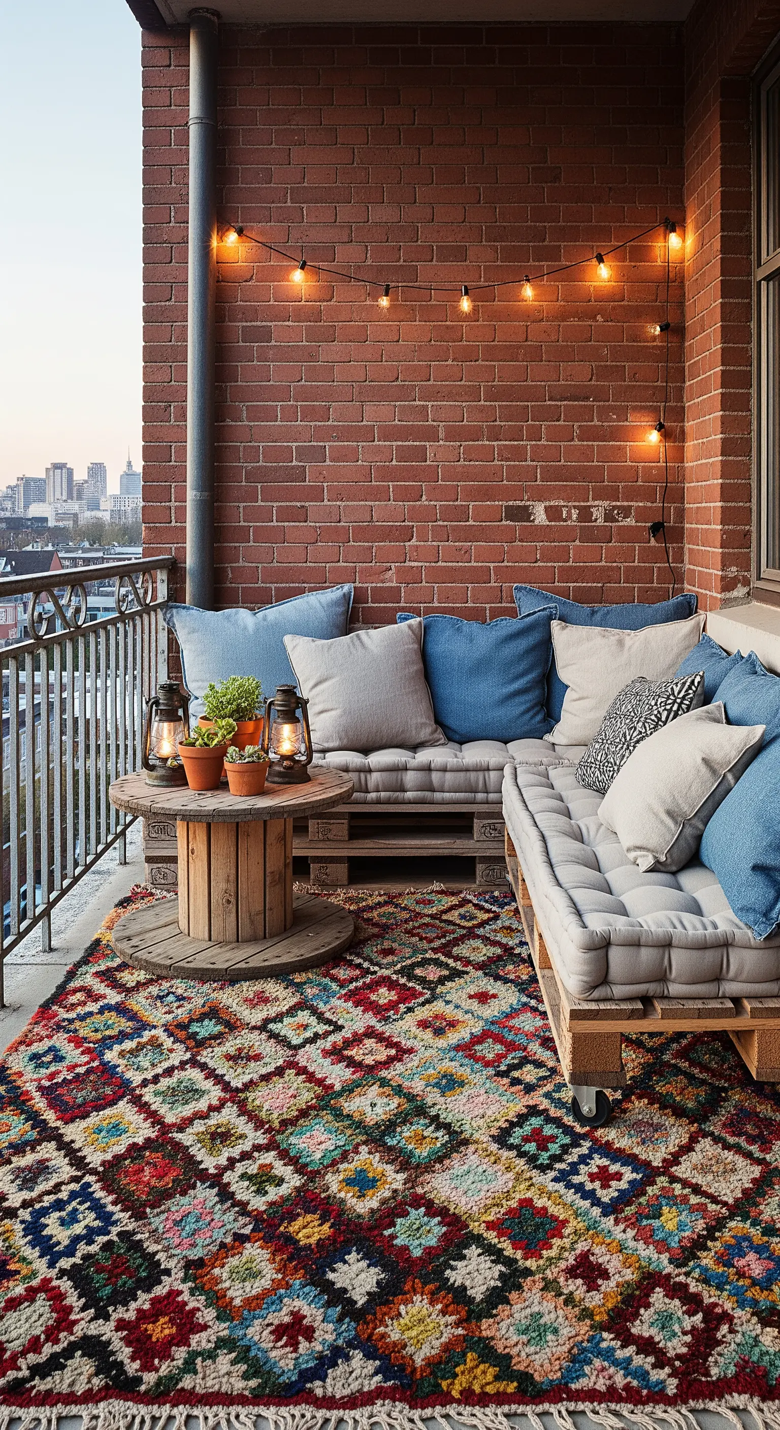 Balcone con parete in mattoni, divano in pallet e un colorato tappeto berbero.