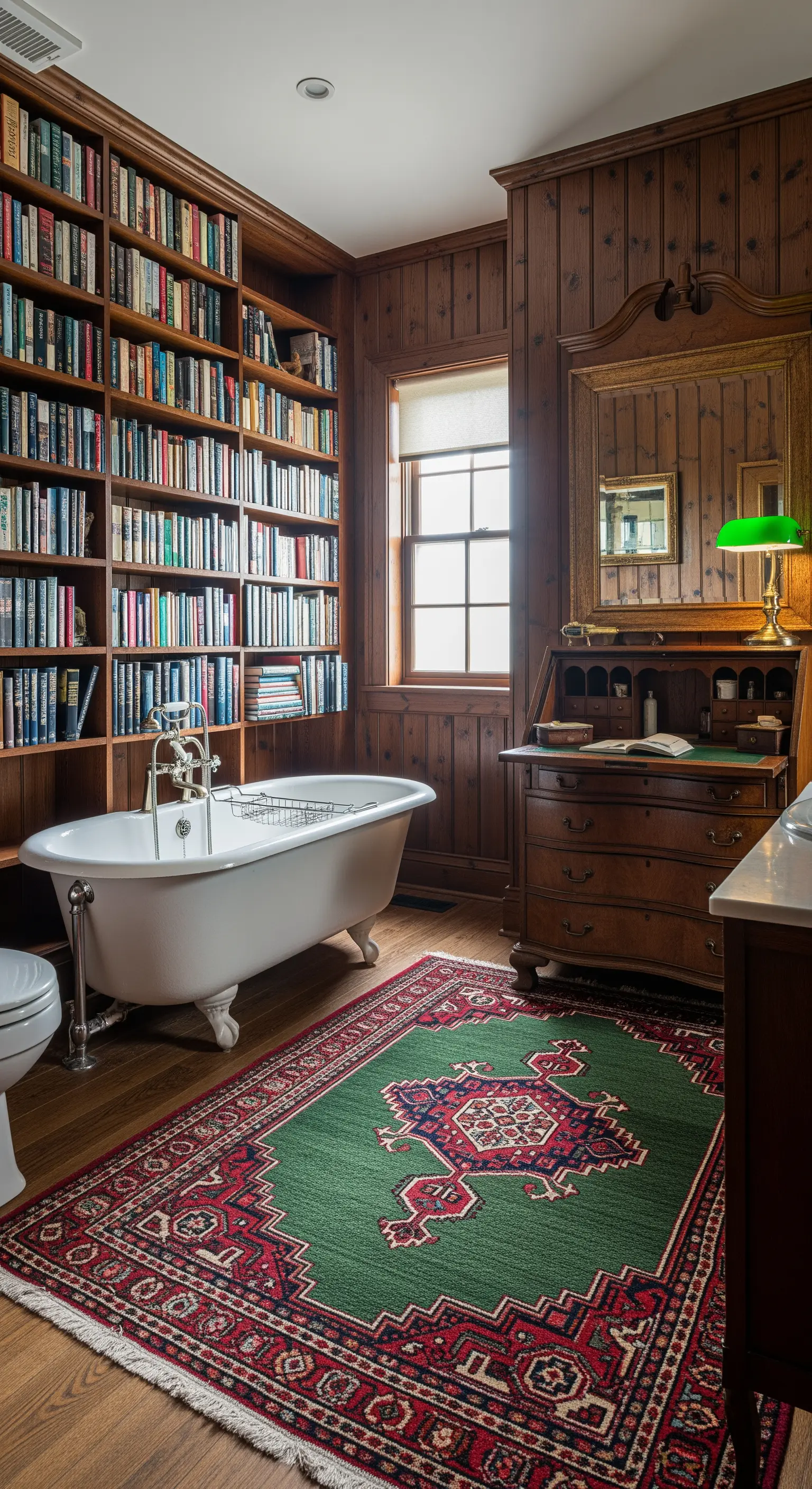 Bagno rivestito in legno con libreria a muro, scrivania e vasca freestanding.