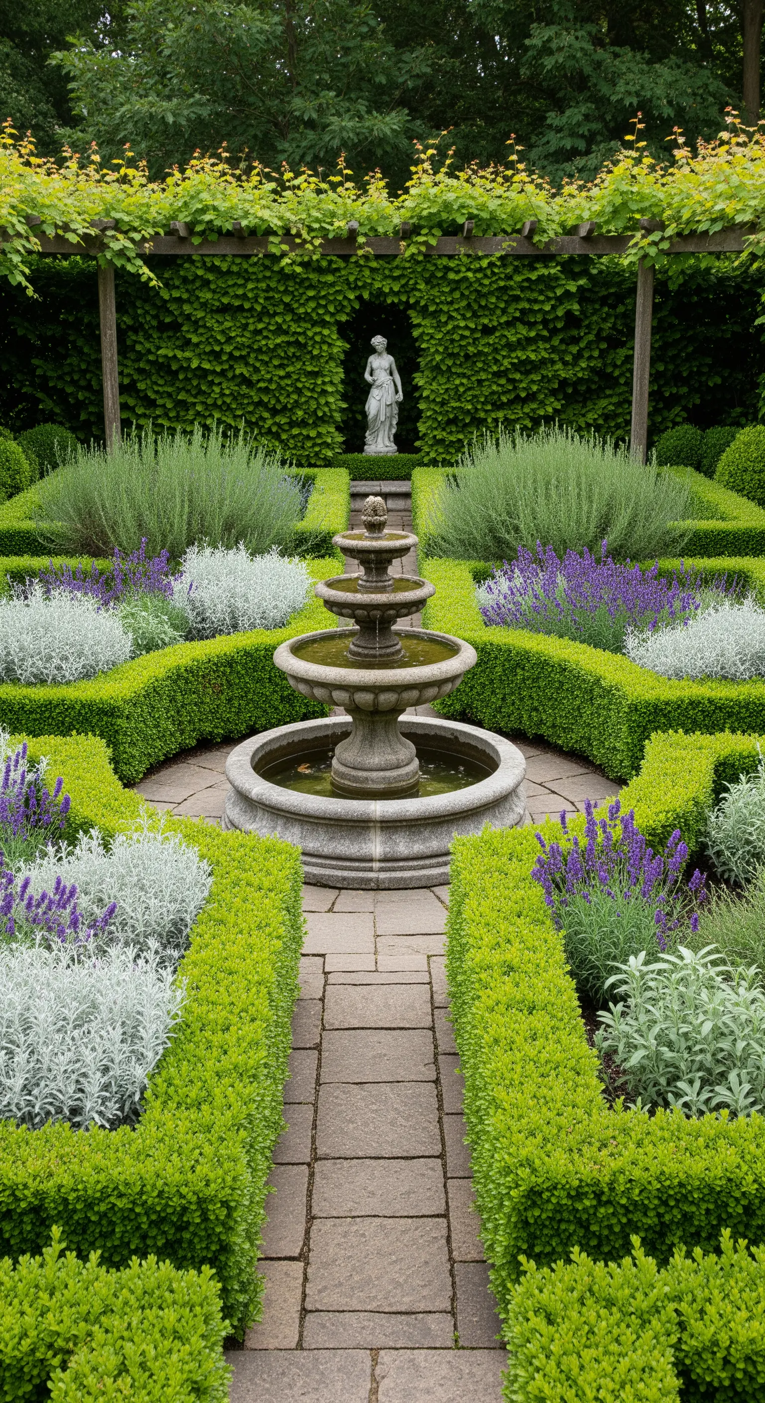Giardino con aiuole di bosso riempite di lavanda in fiore e santolina grigia, con fontana centrale