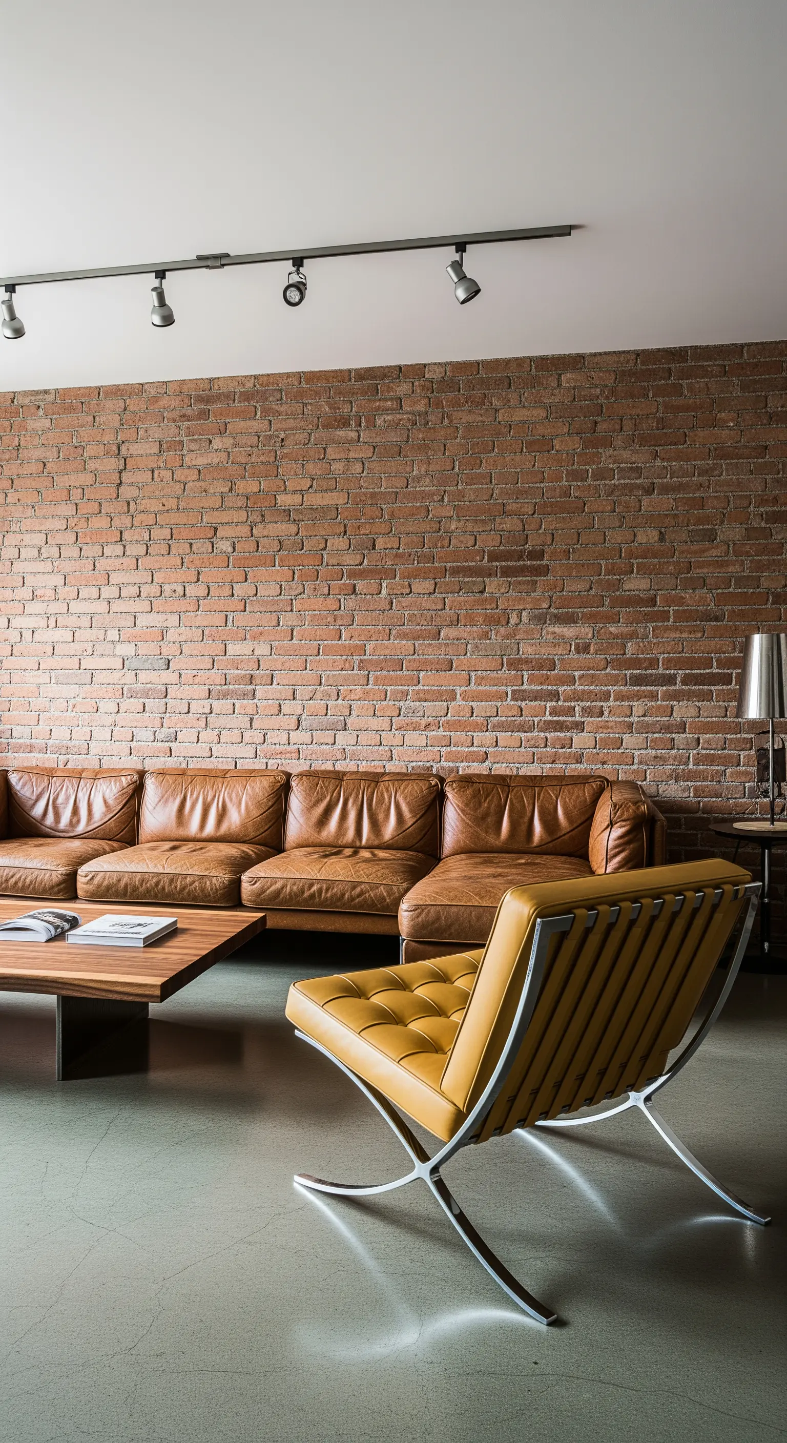Salotto industriale con parete in mattoni, divano in pelle e una poltrona Barcelona color senape.