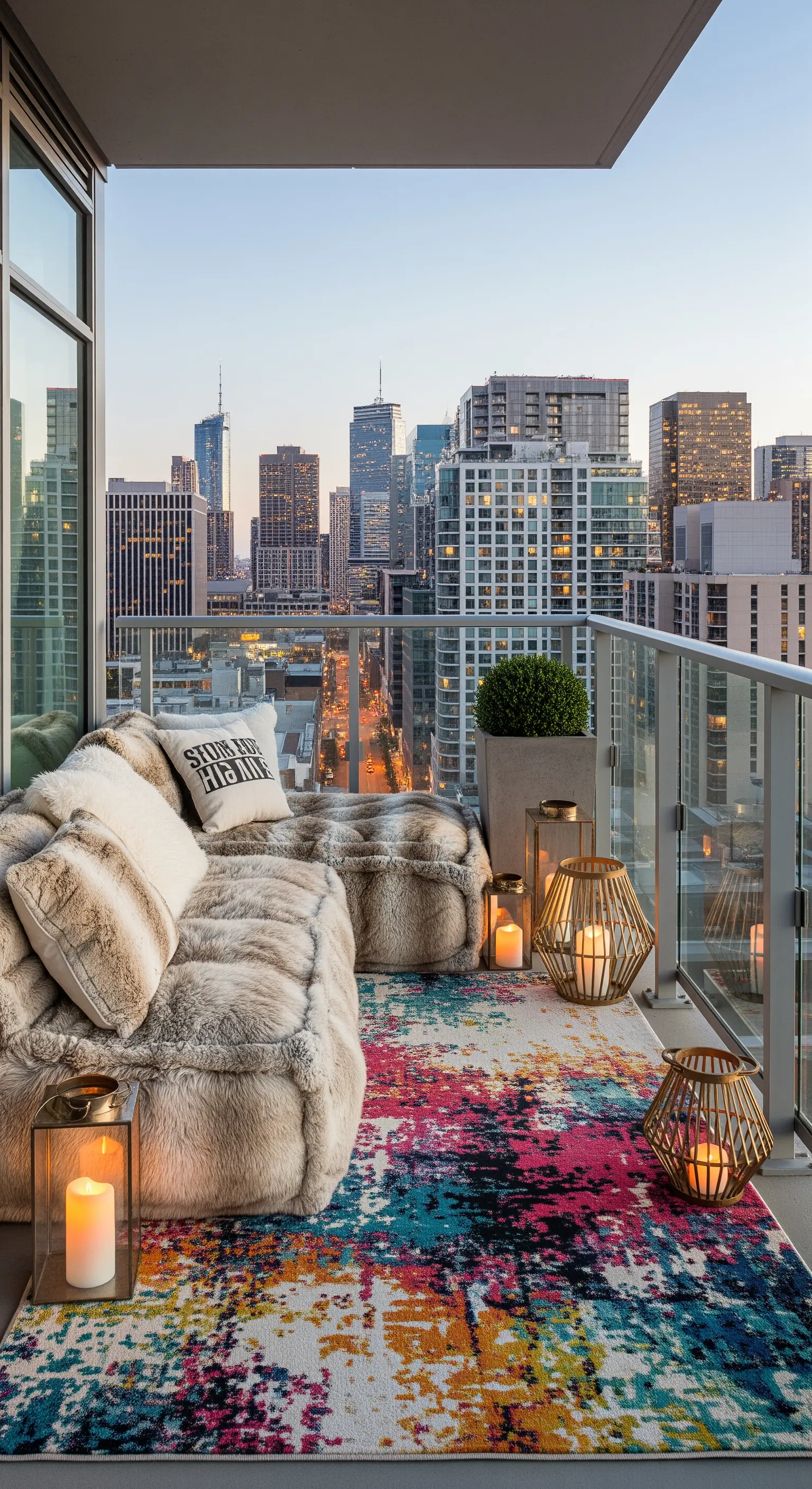 Balcone con vista sulla città, divano in pelliccia ecologica e un tappeto astratto multicolore.