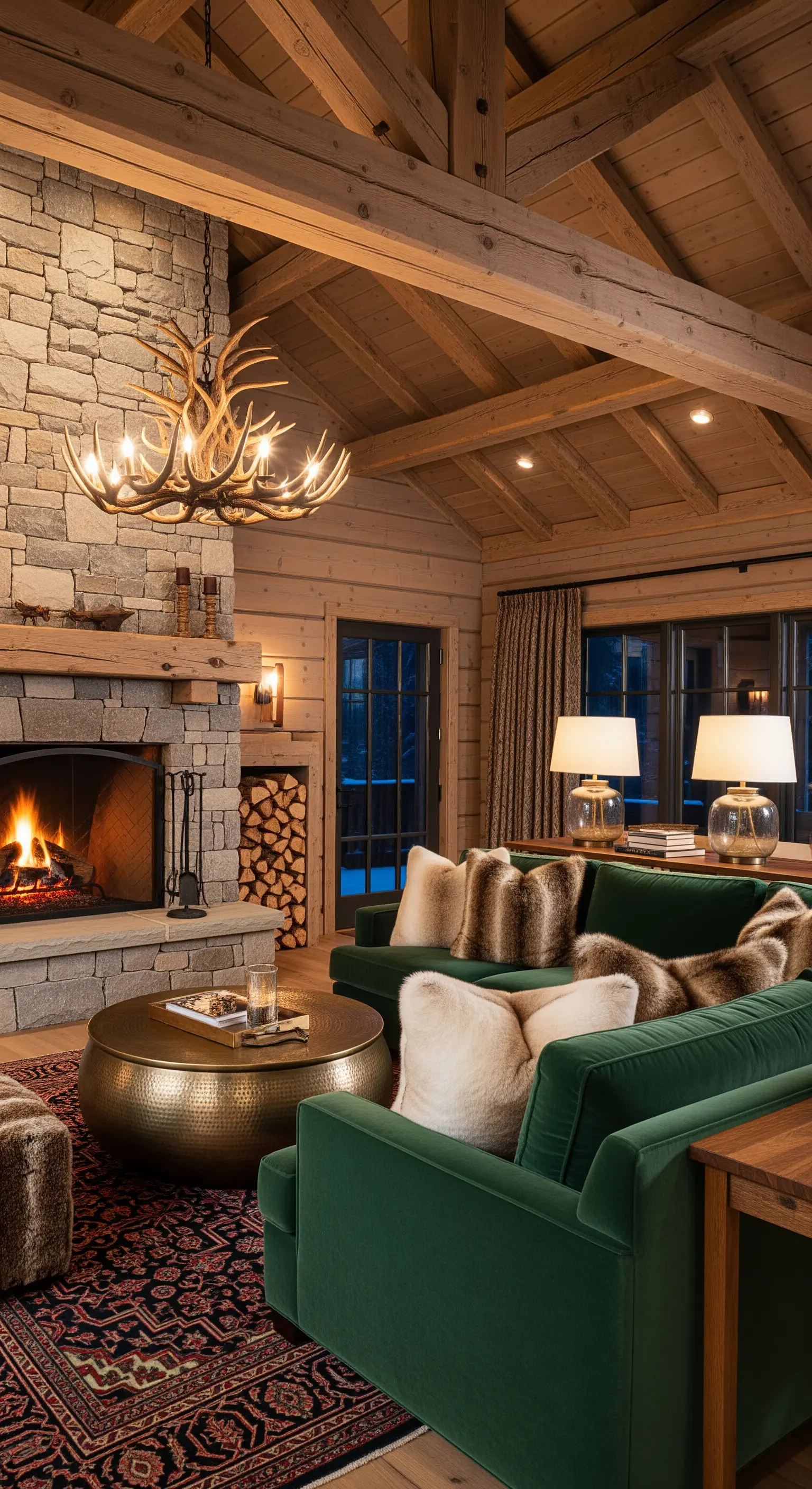 Chalet di montagna con camino in pietra, divano in velluto verde e tavolino in ottone.
