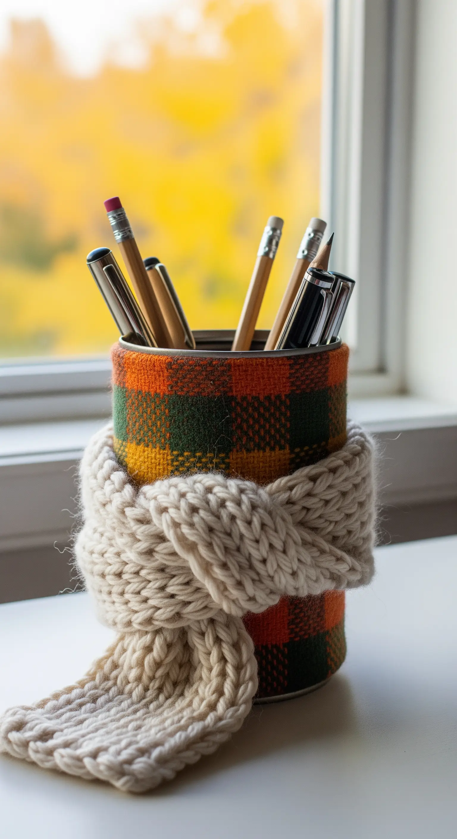 Lattina portapenne con tessuto tartan e una piccola sciarpa di lana avvolta attorno.