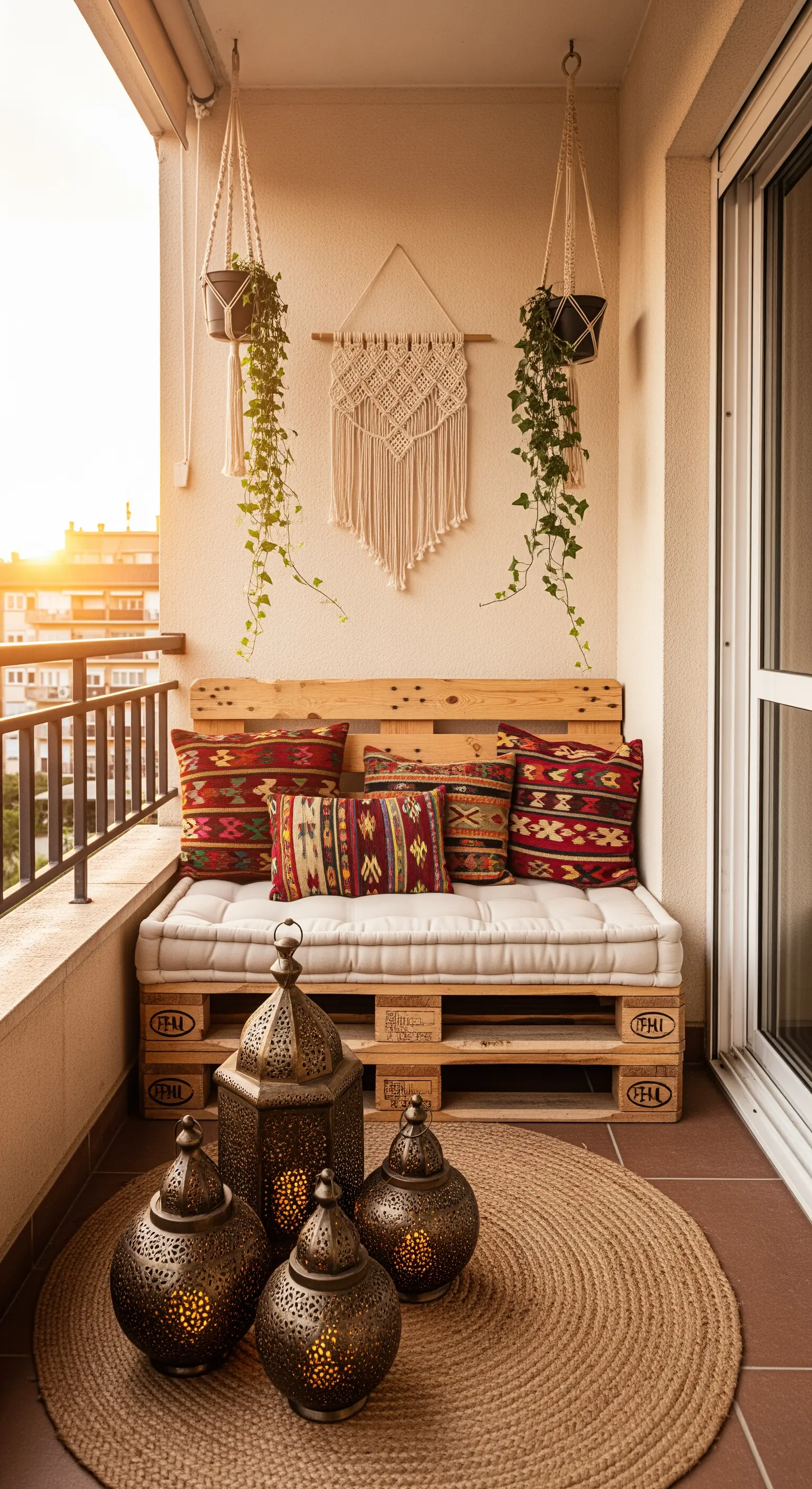 Balcone in stile bohémien con divano in pallet, tappeto in juta e lanterne marocchine.