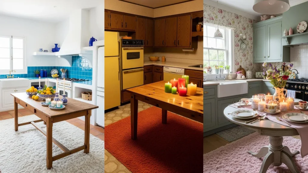 Tre cucine accoglienti con tappeti a pelo lungo, candele profumate e tavoli rustici. Ideale per comfort e calore.