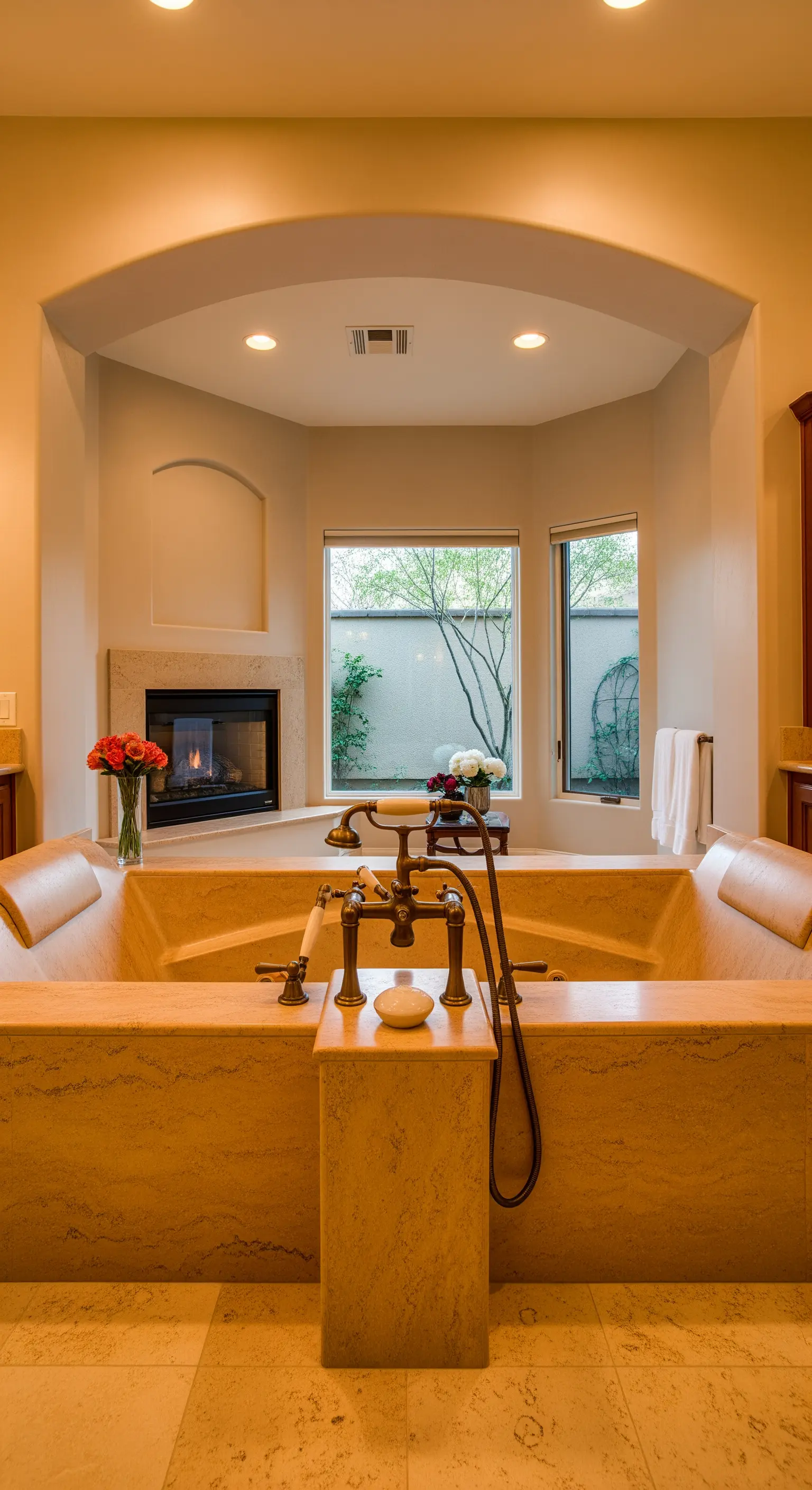 Grande vasca per due persone in travertino, posizionata di fronte a un camino.