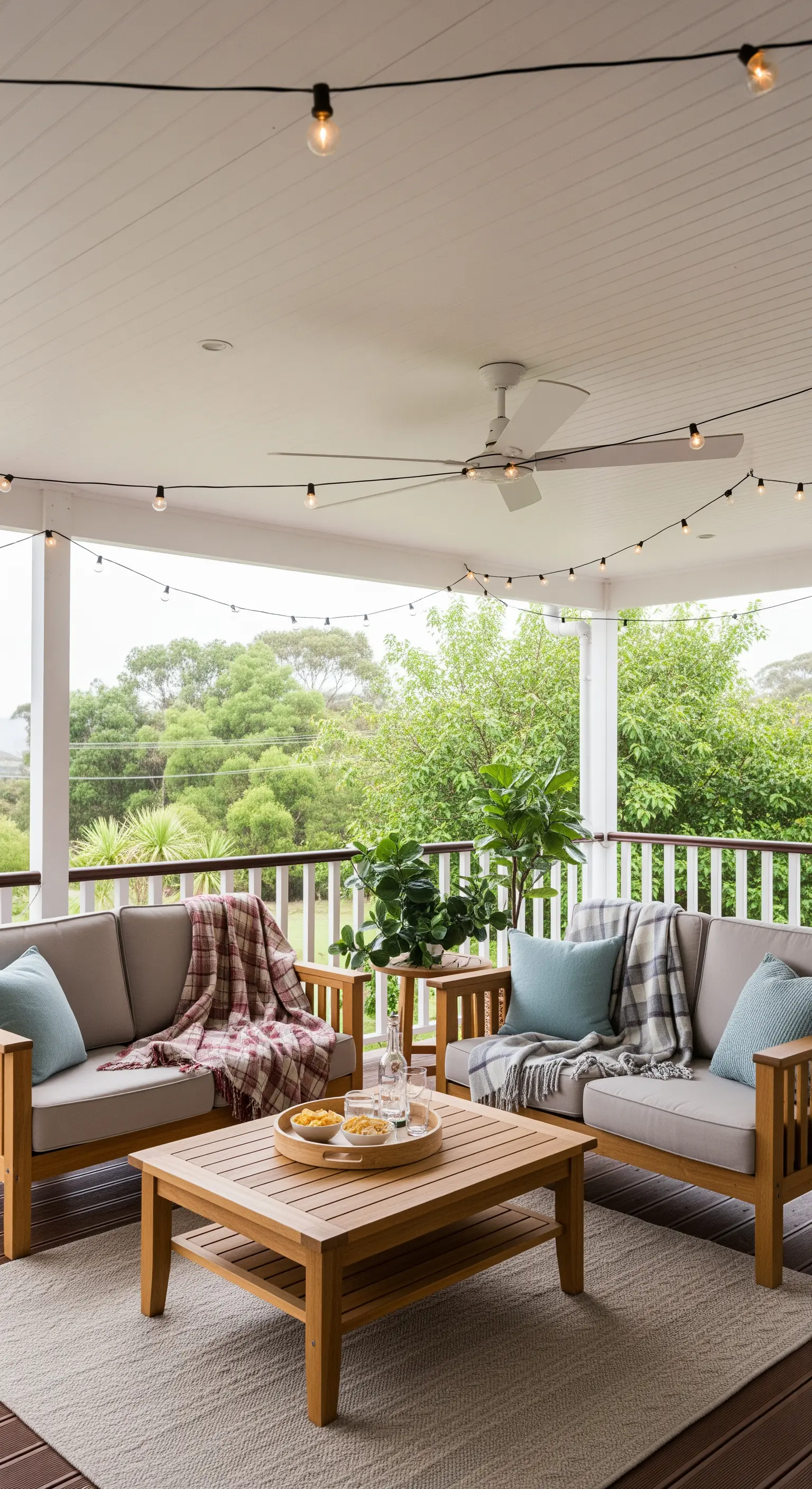 Veranda coperta con divani in legno, ventilatore a soffitto e fili di luci a bulbo
