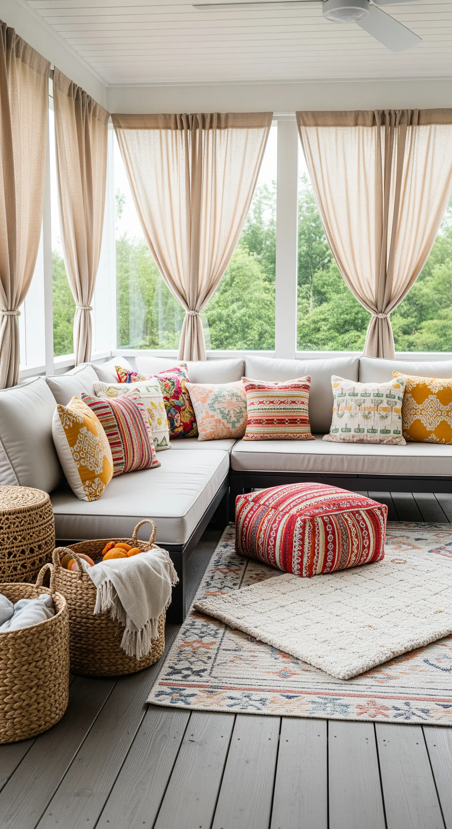 Veranda chiusa con divano angolare bianco, cuscini colorati, pouf a righe e cesti in vimini.