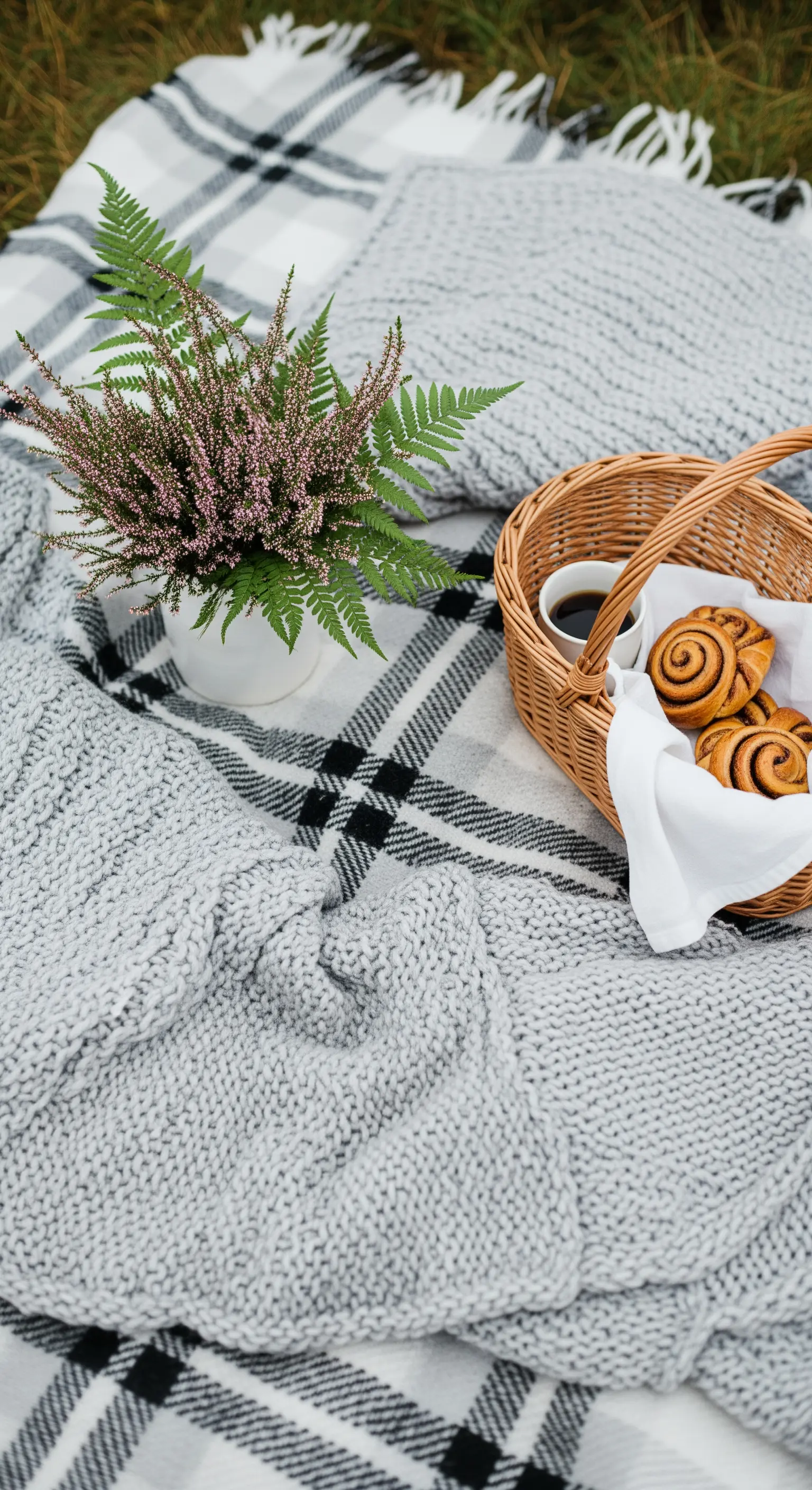 Picnic minimalista con coperta in maglia grigia, dolci alla cannella e una pianta di erica
