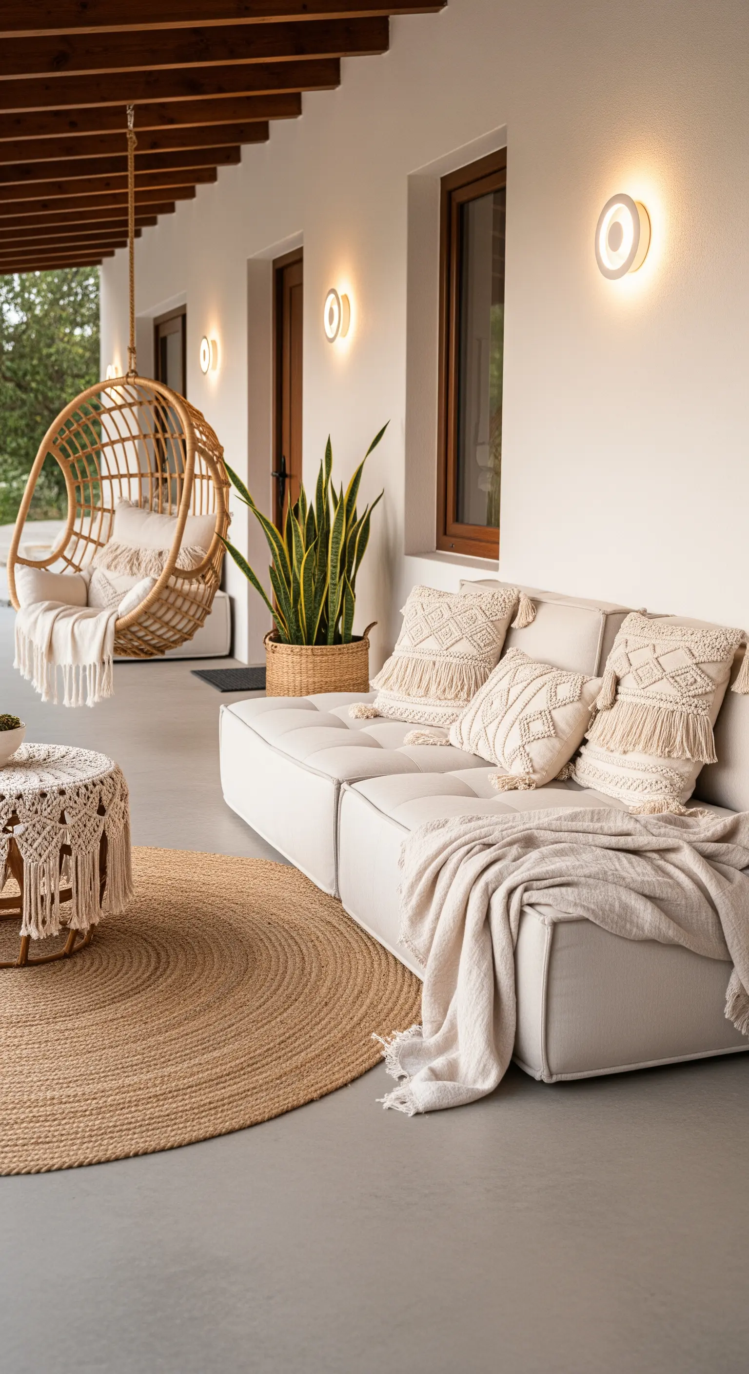 Portico in stile boho con divano bianco, cuscini in macramè, tappeto in juta e sedia sospesa