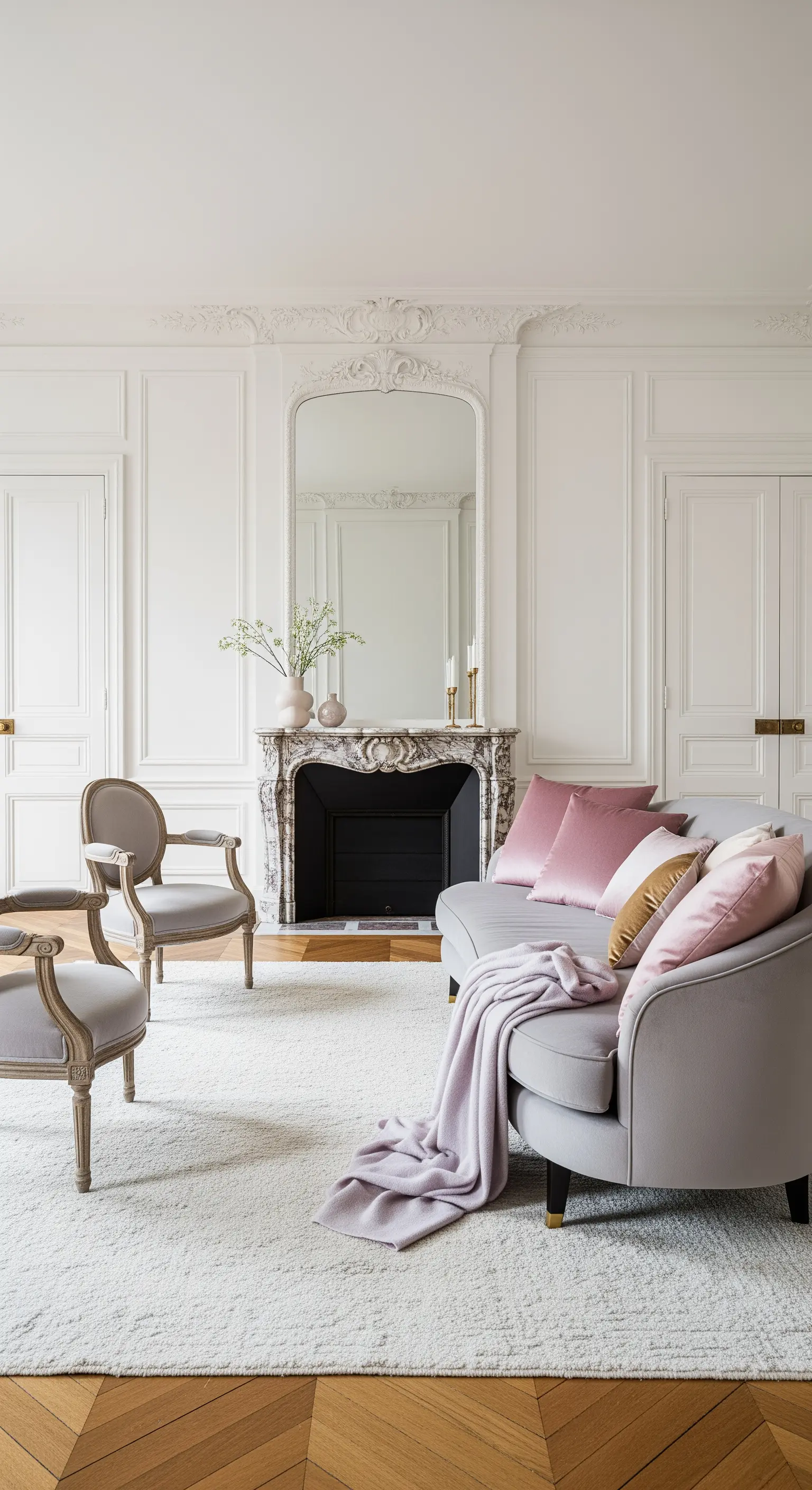 Salotto parigino con boiserie, divano grigio curvo con cuscini rosa e un grande tappeto bianco.