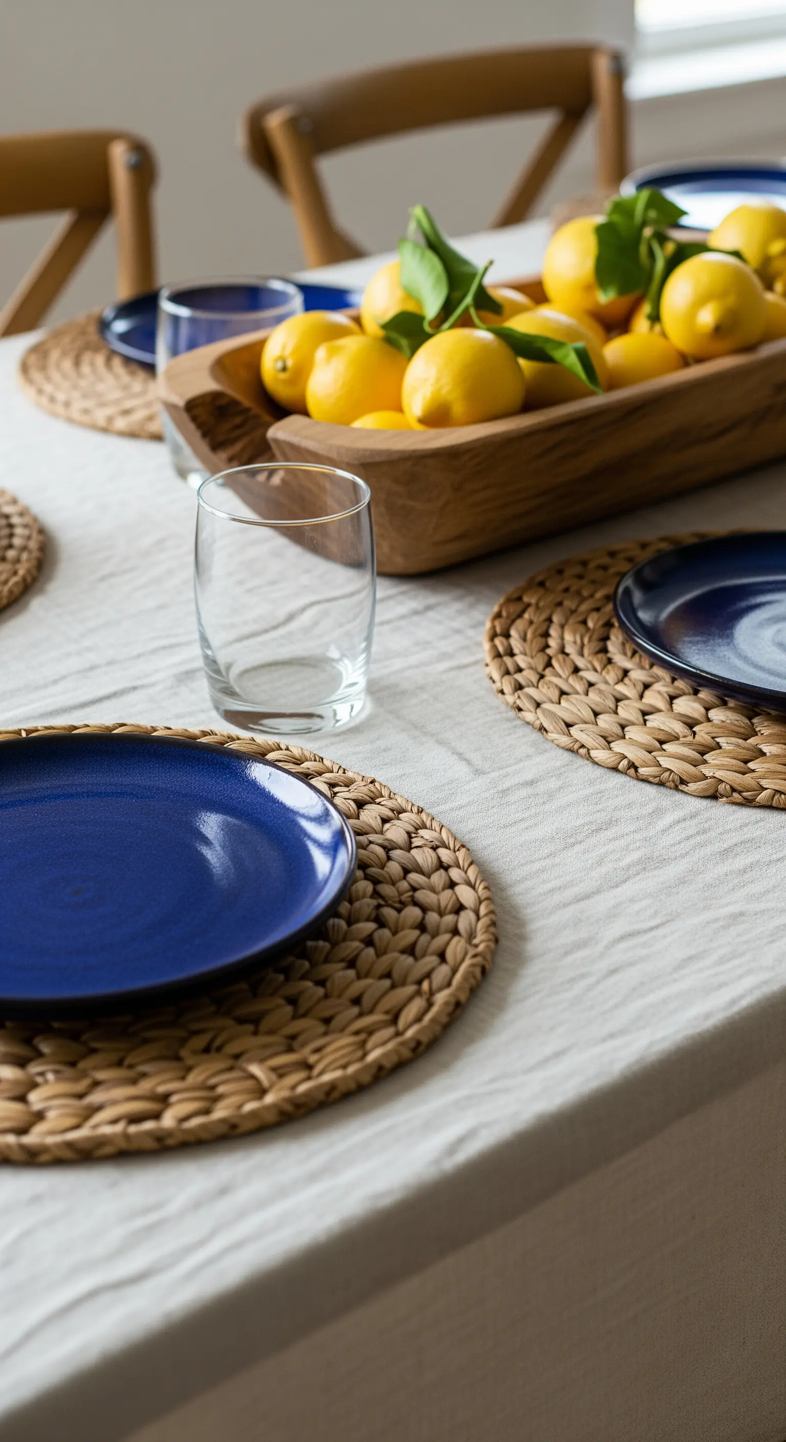 Tavola con tovaglia in lino, sottopiatti intrecciati e una ciotola in legno con limoni.