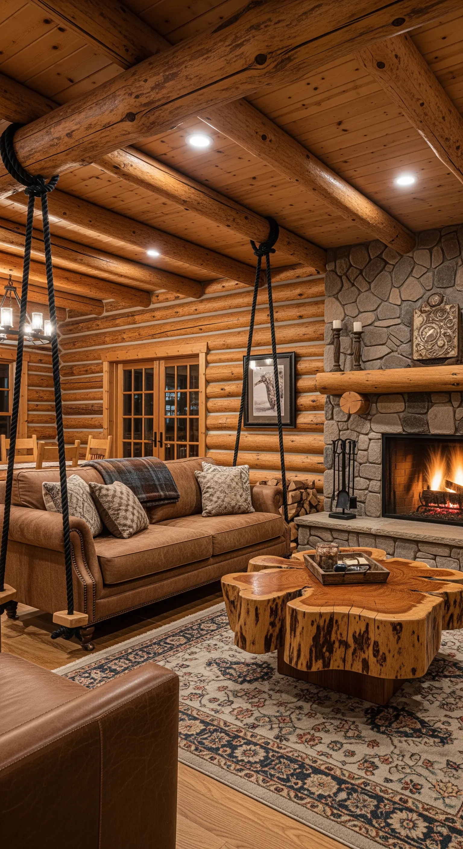 Divano sospeso in pelle marrone in una baita di tronchi con camino in pietra.