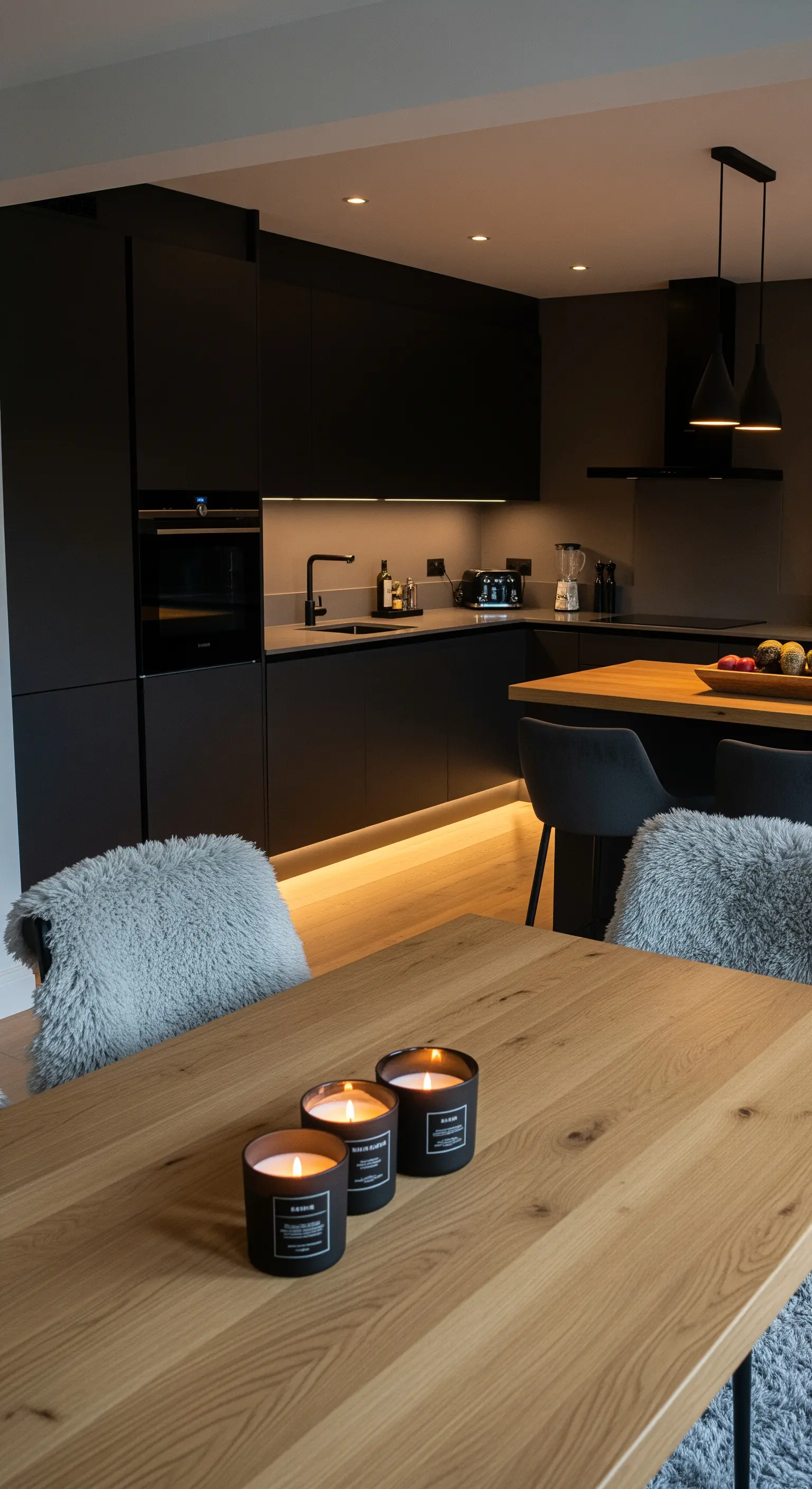 Cucina moderna total black con coprisedia in pelliccia sintetica grigia e tavolo in legno di rovere.