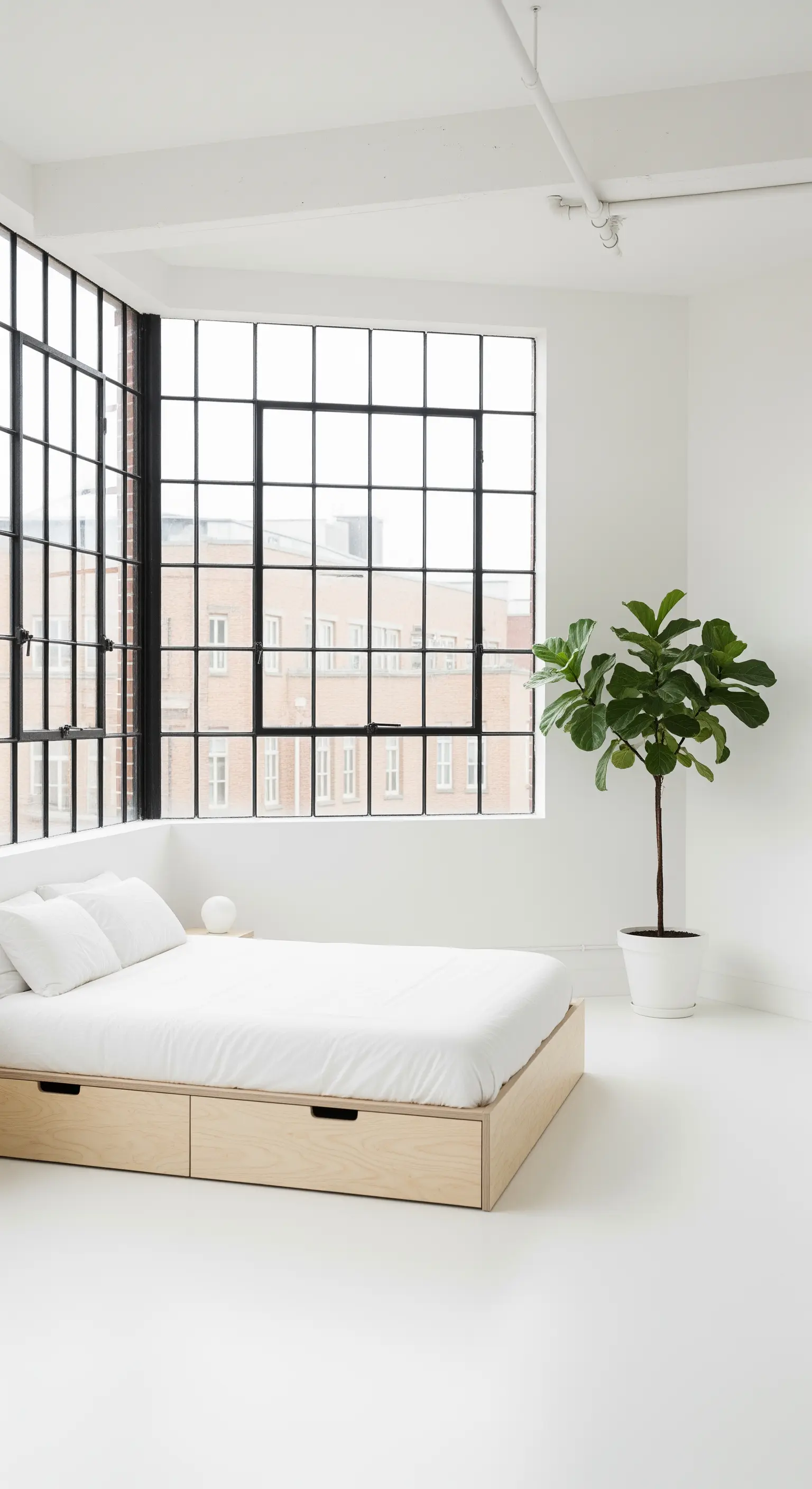 Letto contenitore in legno chiaro accanto a una grande finestra nera in un loft.