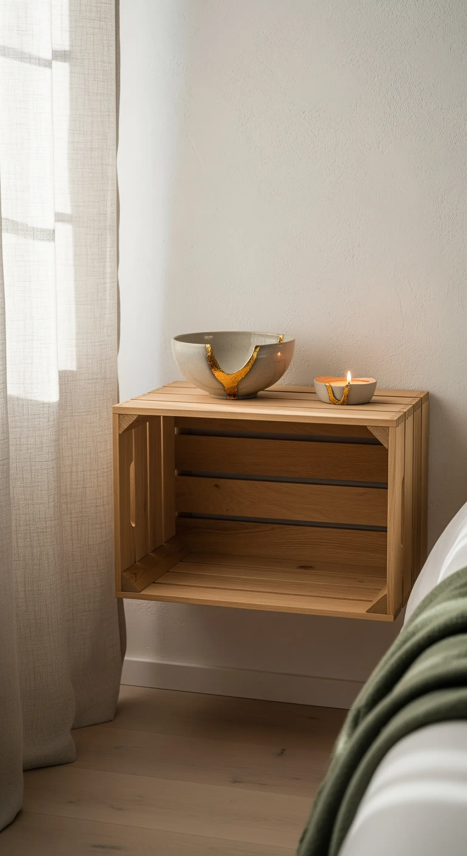 Cassetta di legno naturale montata a parete e usata come comodino minimalista.