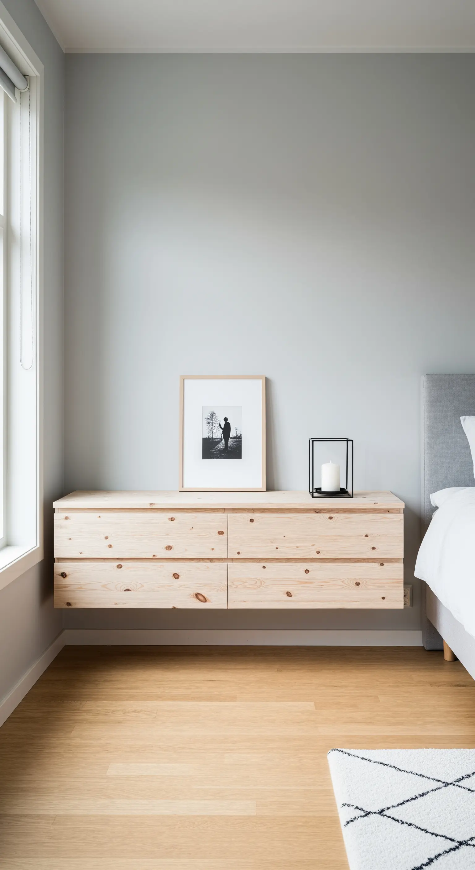 Lunga mensola sospesa in legno di pino chiaro, formata da quattro cassetti, in una camera da letto.