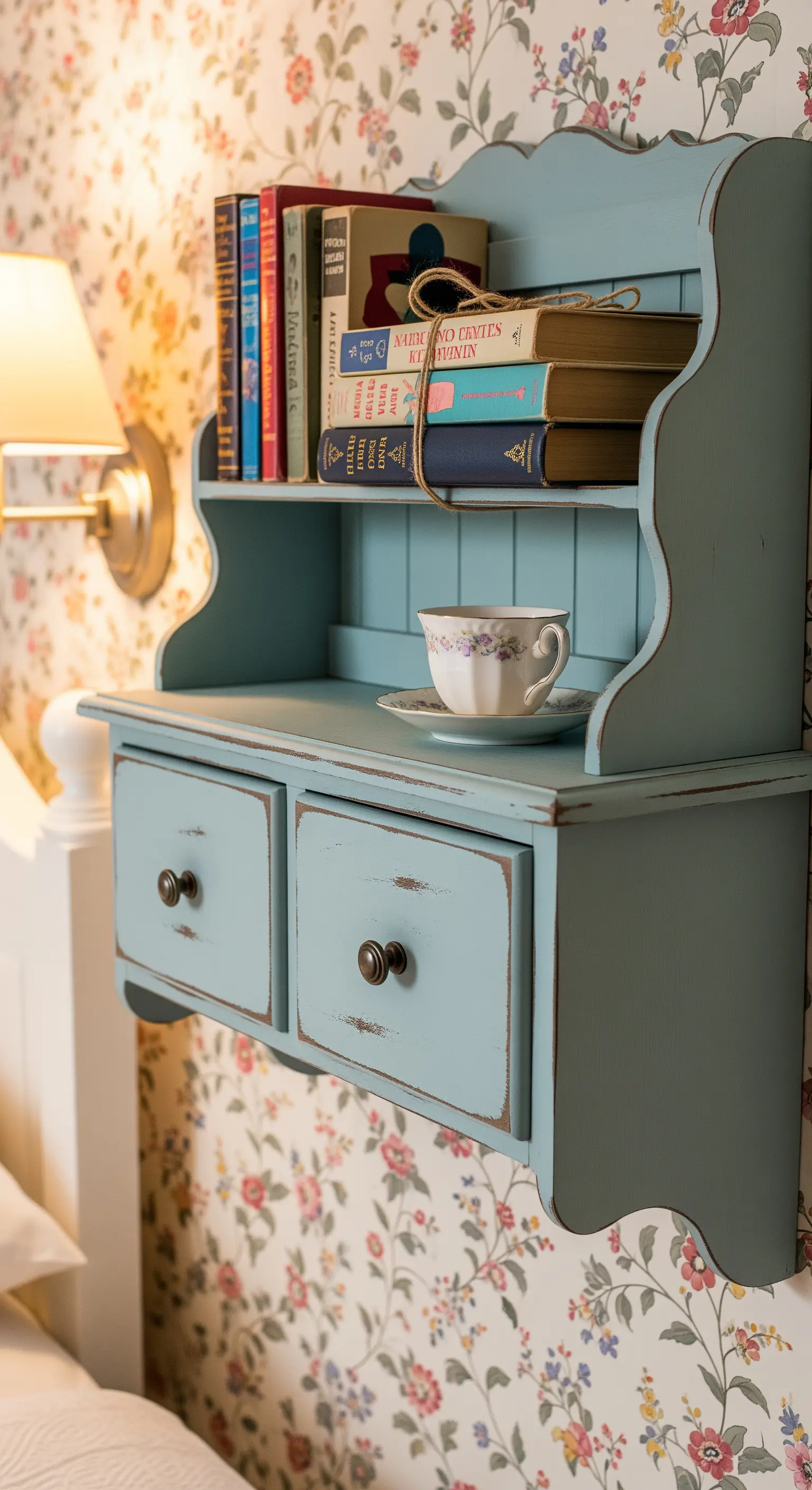 Comodino sospeso azzurro pastello con due cassetti, in stile shabby chic, accanto a un letto.