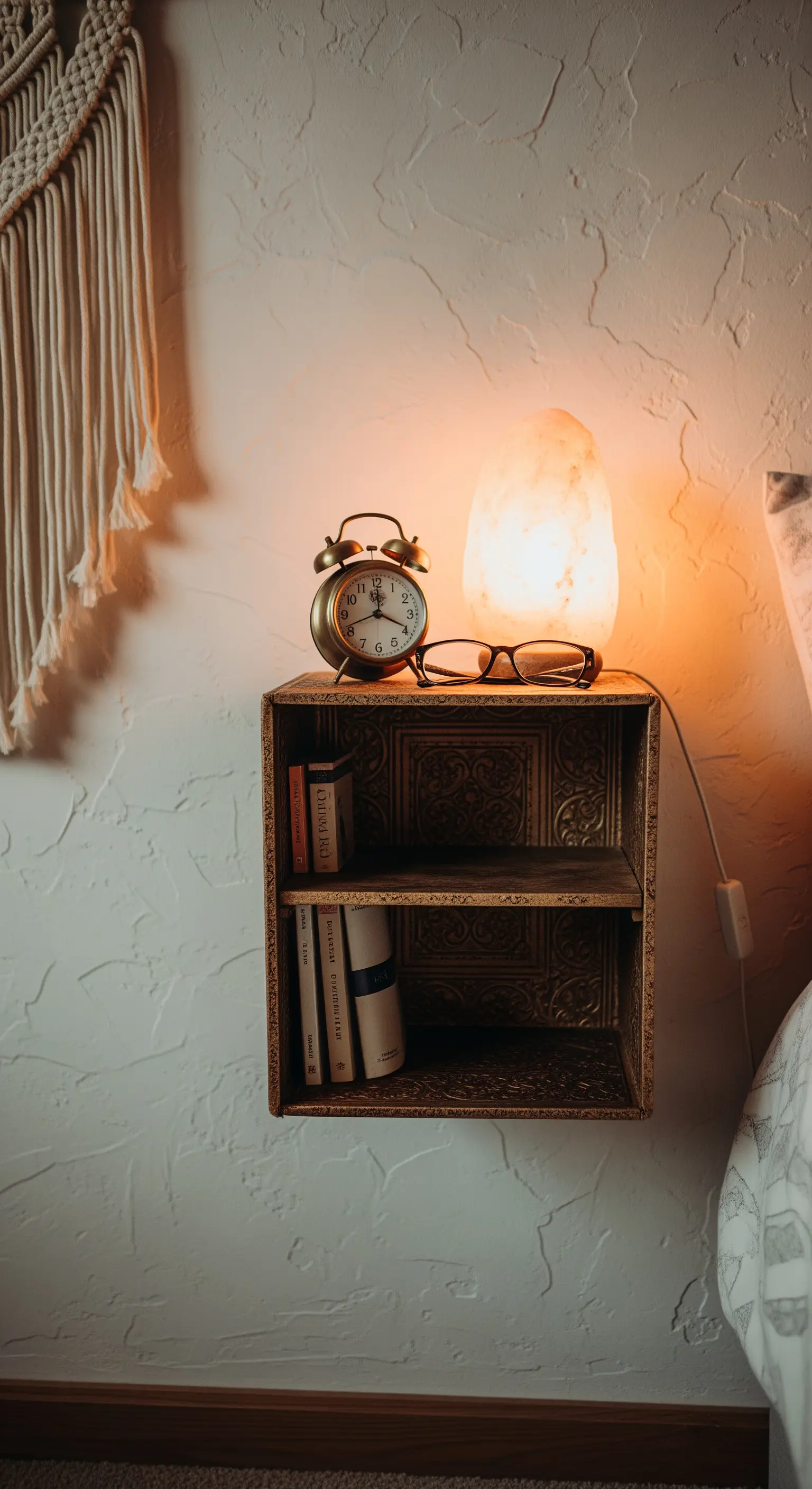 Comodino sospeso fai-da-te ricavato da una cassetta di legno con dettagli in metallo lavorato.