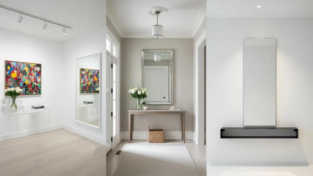 Tre ingressi compatti con consolle sottili e specchi verticali, ideali per ottimizzare spazi ridotti con stile.