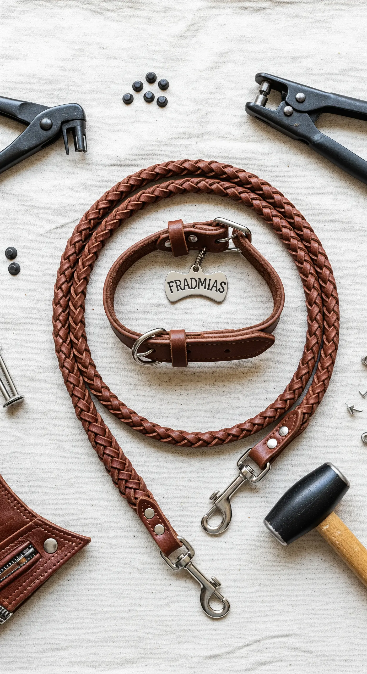 Set di guinzaglio e collare in pelle marrone intrecciata, con attrezzi per la lavorazione.