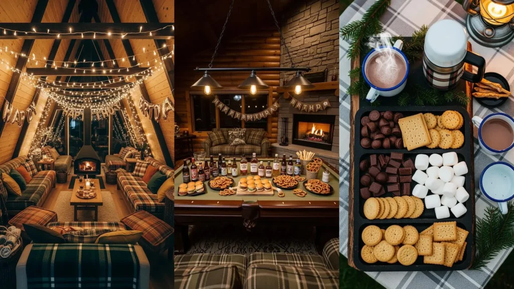 Festa di compleanno accogliente in baita di montagna con plaid scozzesi, luci fatate, fuoco vivo e s'mores.