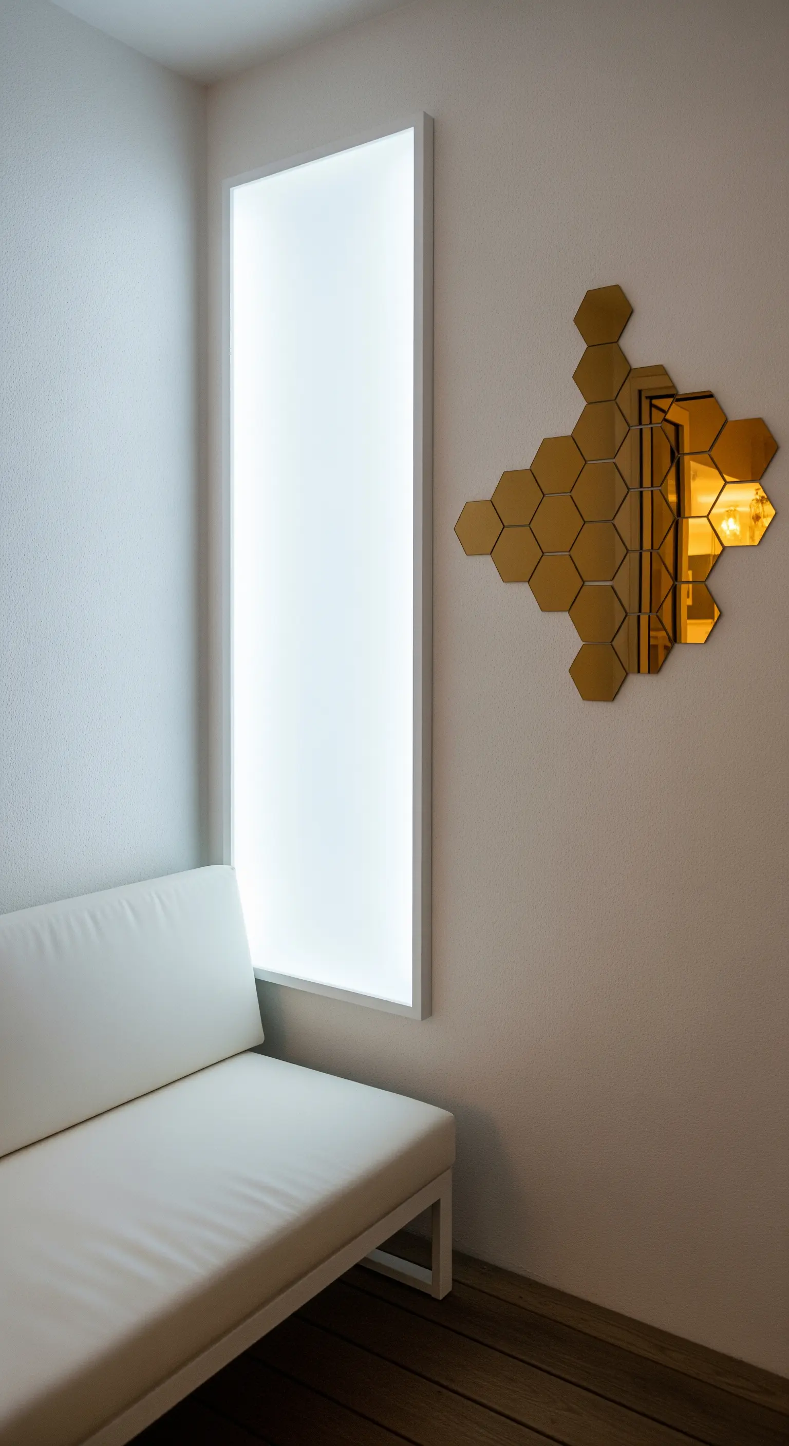 Divanetto bianco in un angolo con specchio esagonale dorato e pannello luminoso verticale