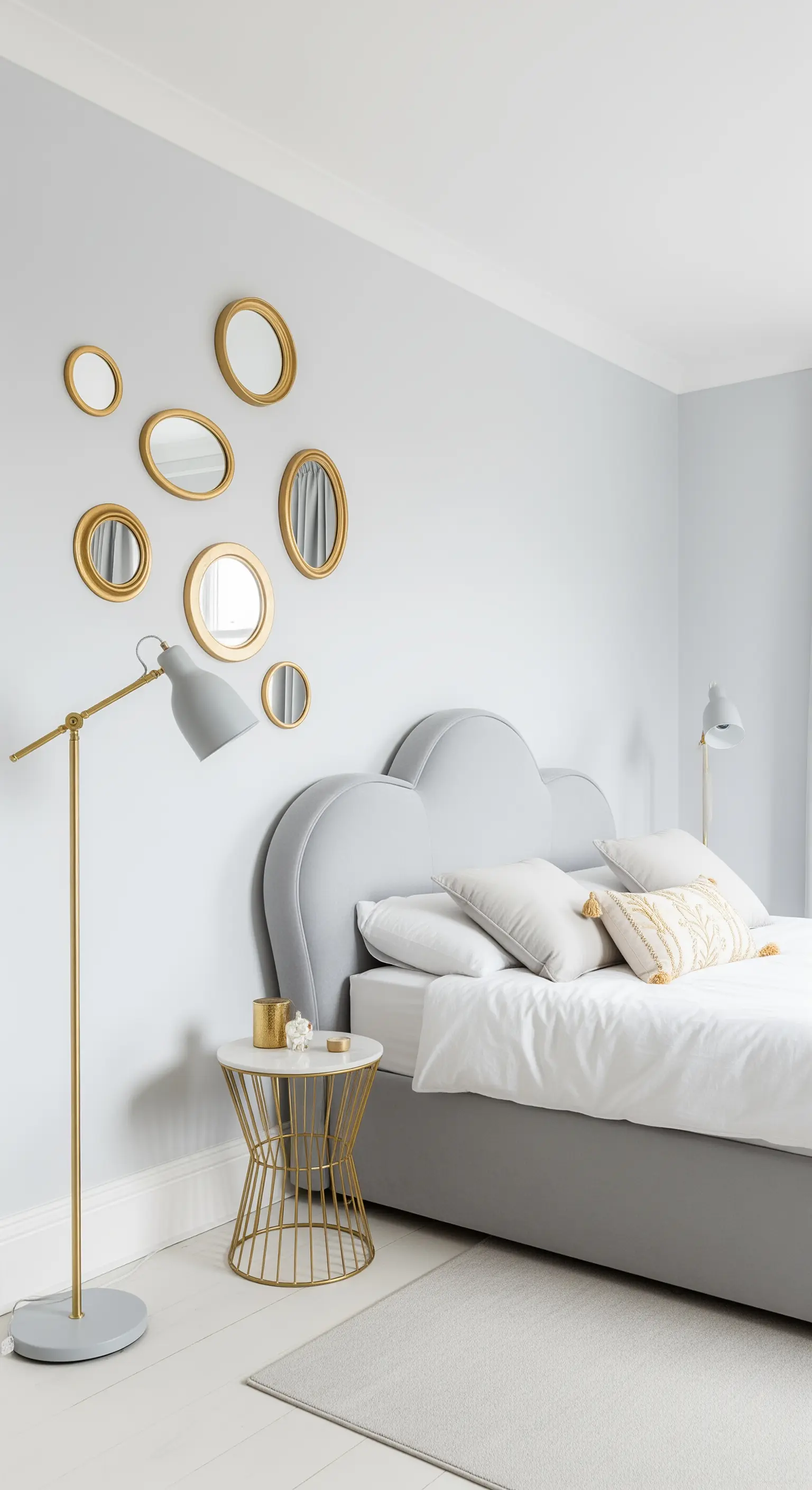 Parete grigio chiaro con una composizione di piccoli specchi rotondi e ovali con cornice dorata.