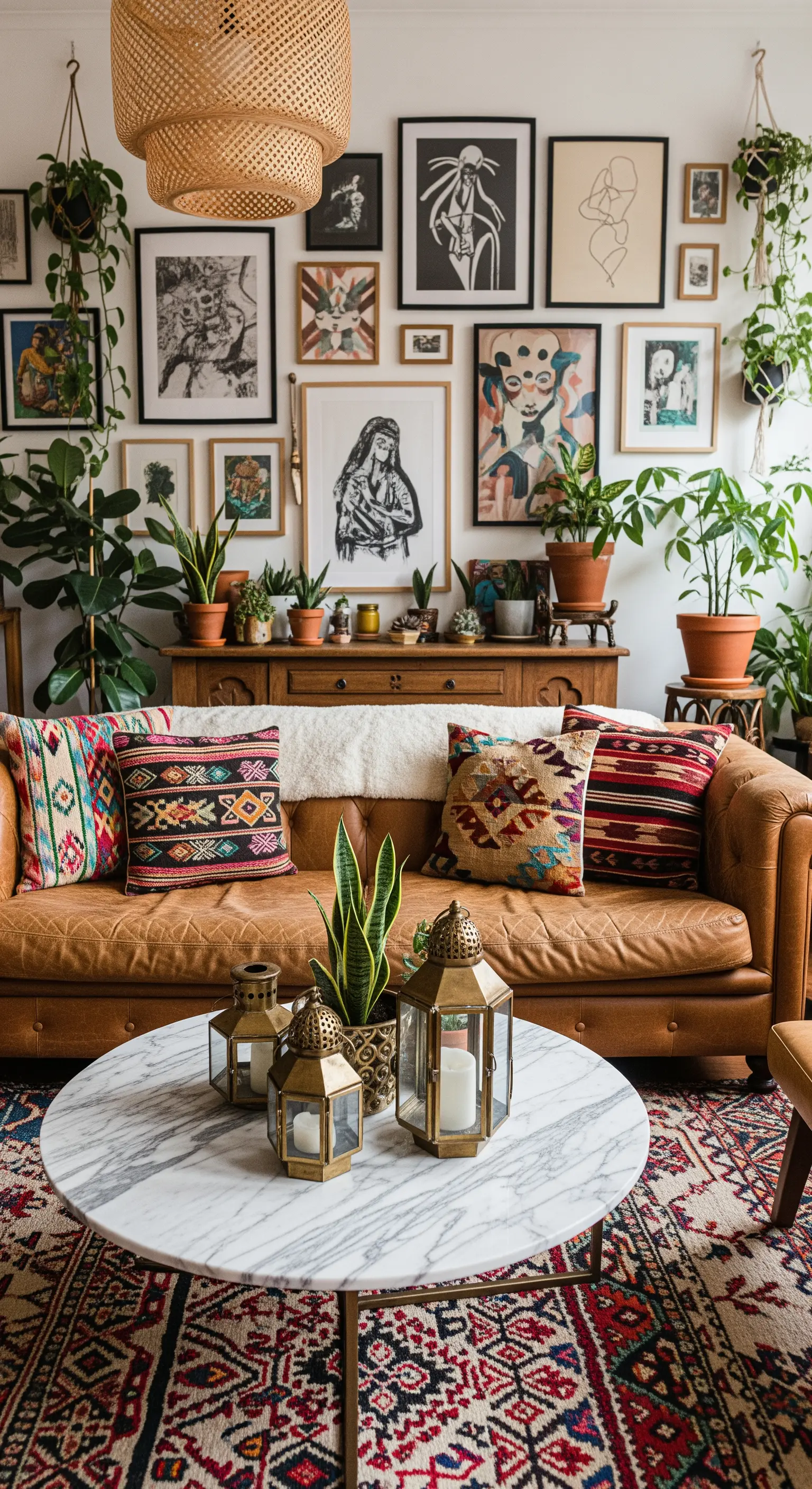 Salotto bohémien con divano in pelle, gallery wall, piante e tappeto persiano.