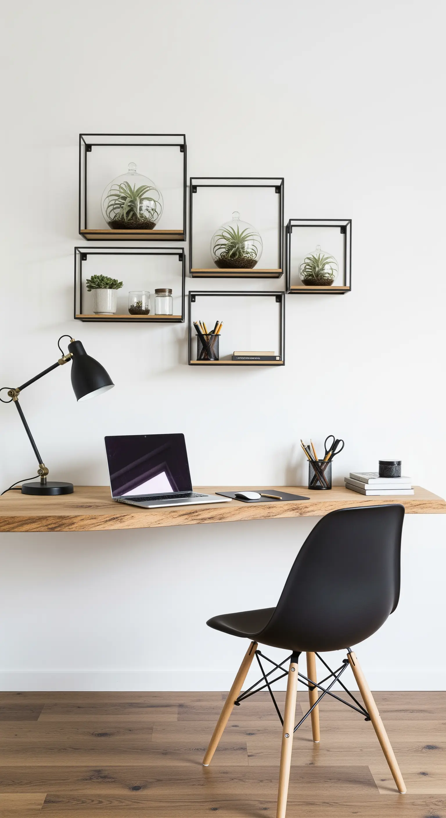 Mensole a cubo in metallo nero e legno disposte in modo asimmetrico sopra una scrivania.