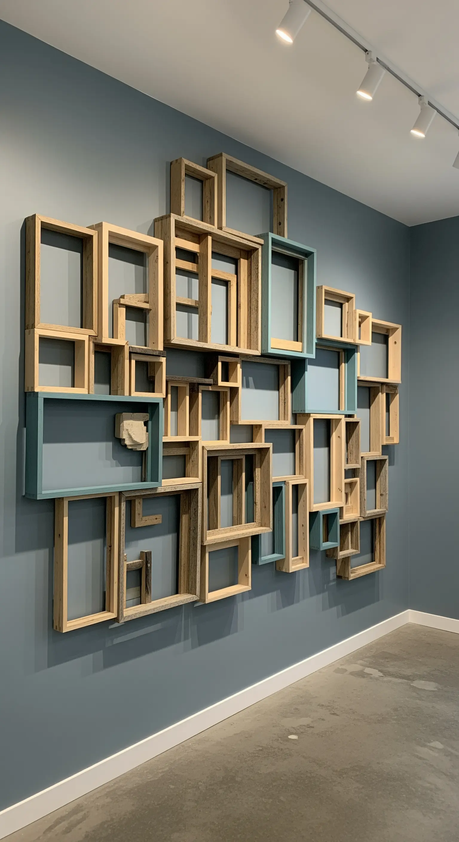 Scultura murale 3D con cornici vuote in legno di recupero di varie dimensioni su parete grigia.