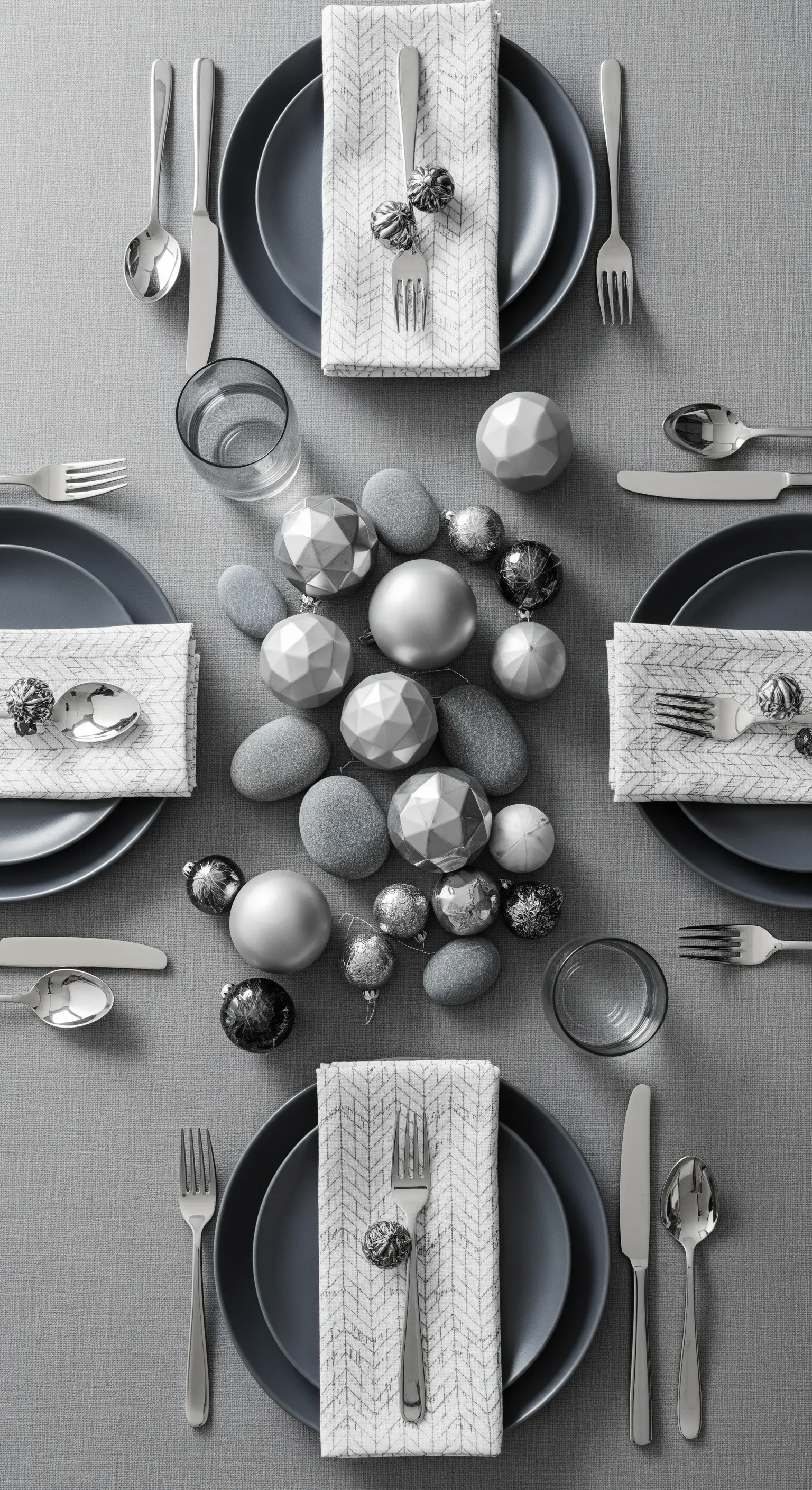 Flat lay di una tavola natalizia grigia con palline geometriche argentate.