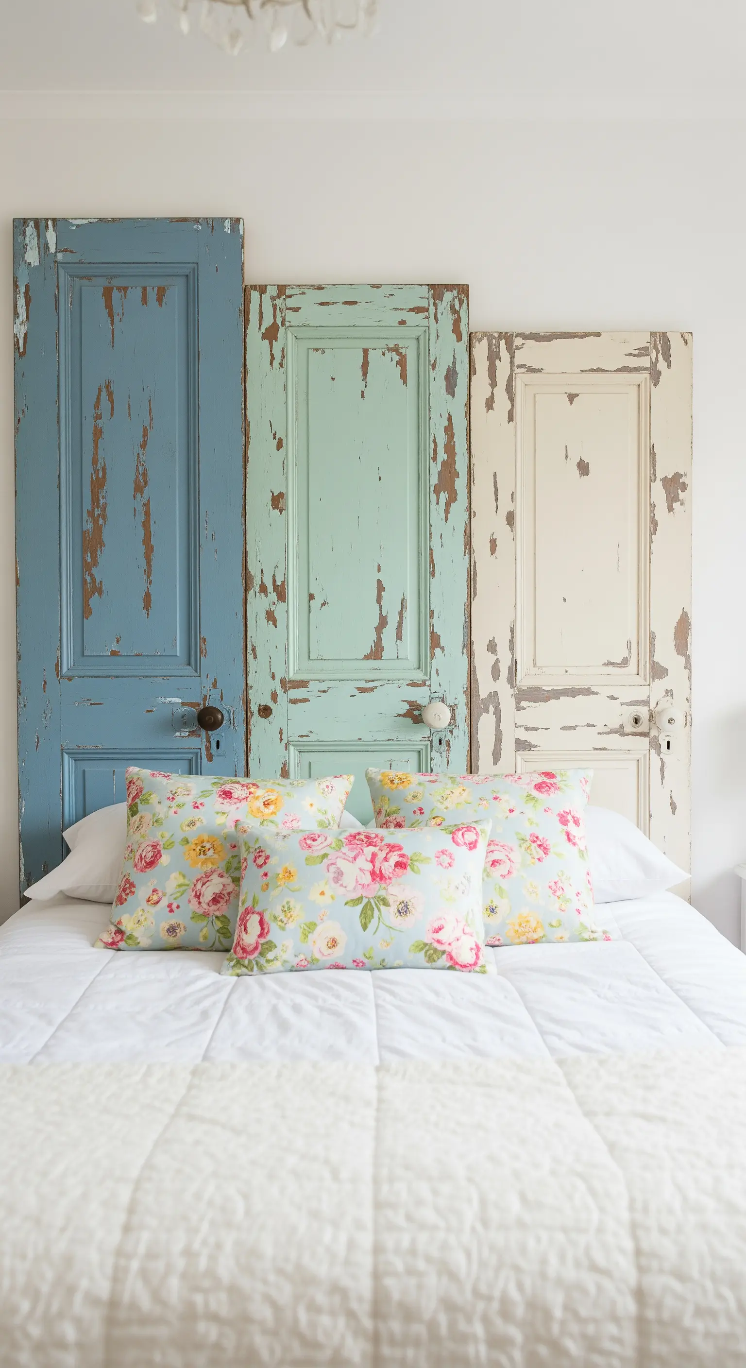 Tre porte vintage di colori diversi (blu, verde acqua, bianco) accostate come testiera.