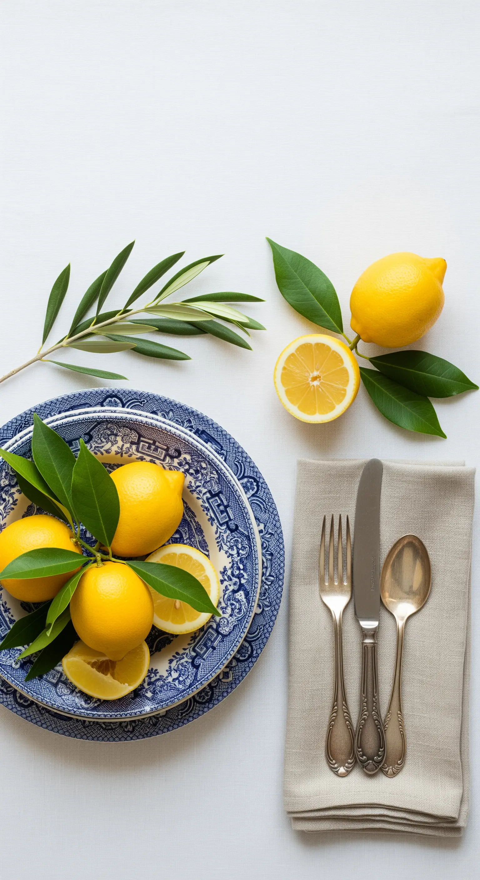 Close-up di un piatto in ceramica blu decorato con limoni freschi e foglie.