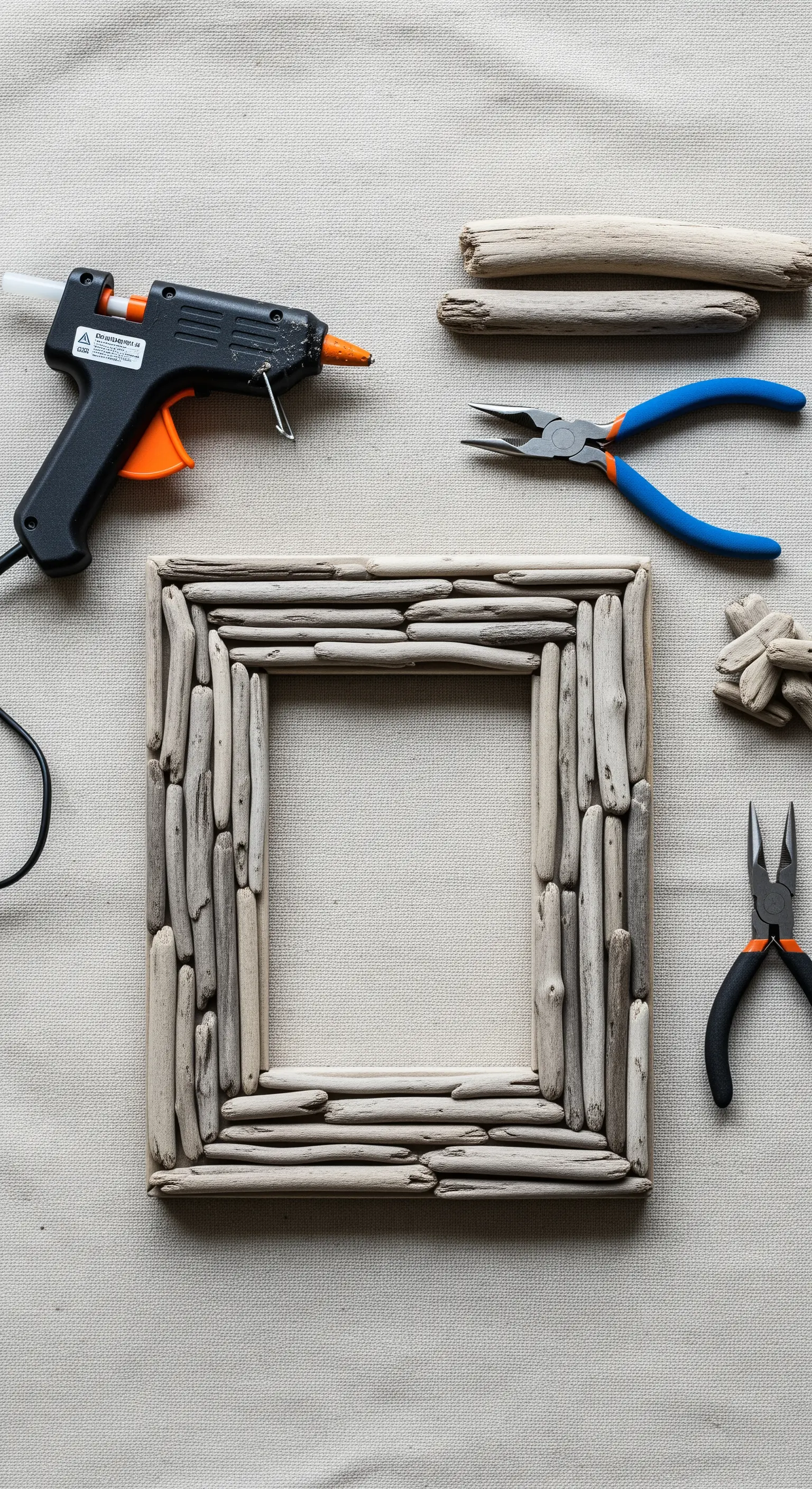 Cornice quadrata realizzata con legnetti di mare incollati, accanto a una pistola per colla a caldo.
